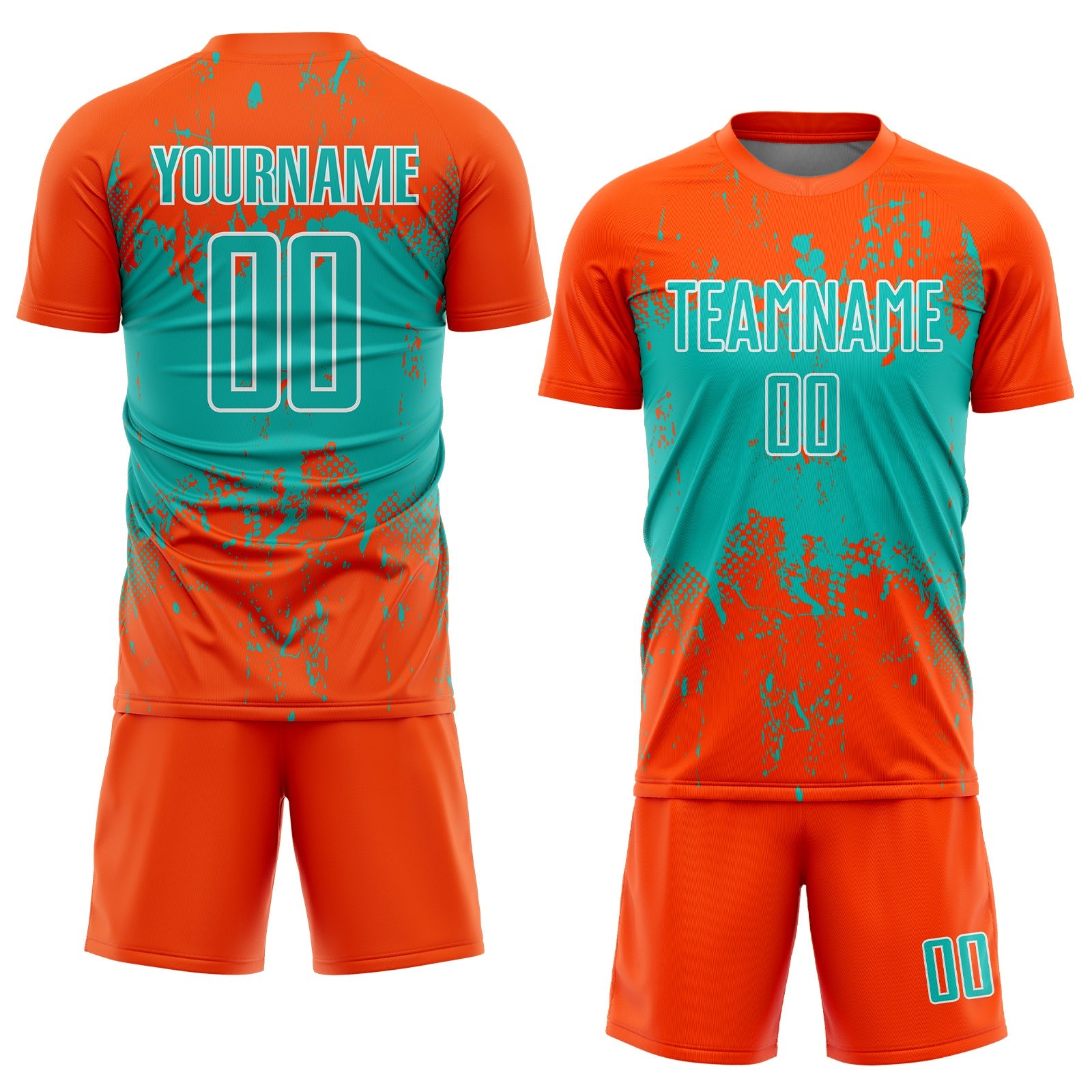 Custom Orange Aqua-White Abstract Splatter Grunge Art Sports Sublimation Soccer Uniform Jersey