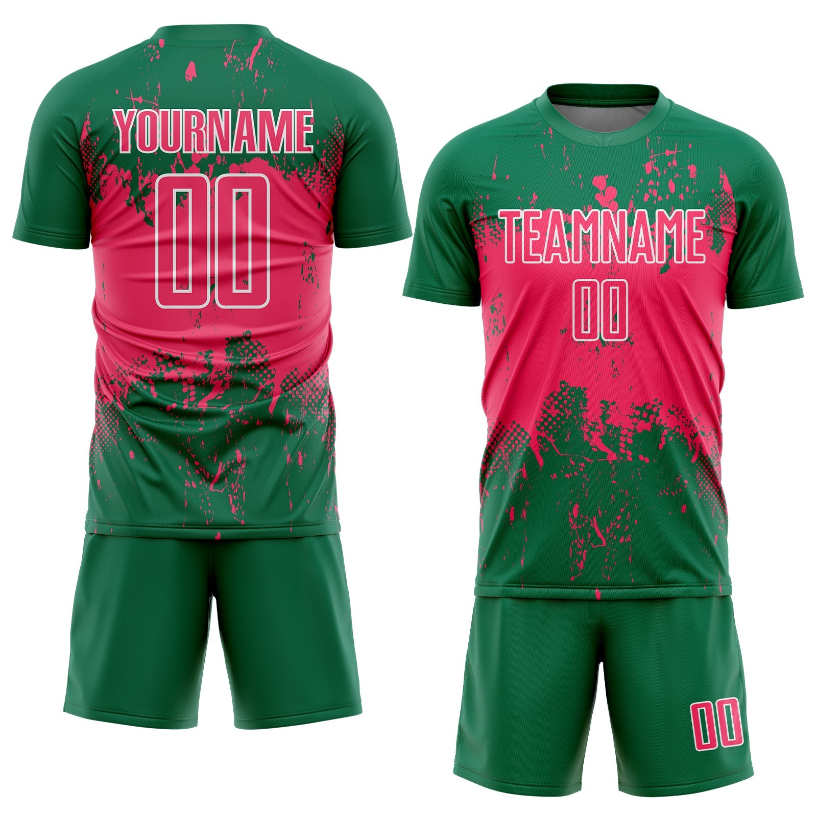 Custom Kelly Green Neon Pink-White Abstract Splatter Grunge Art Sports Sublimation Soccer Uniform Jersey