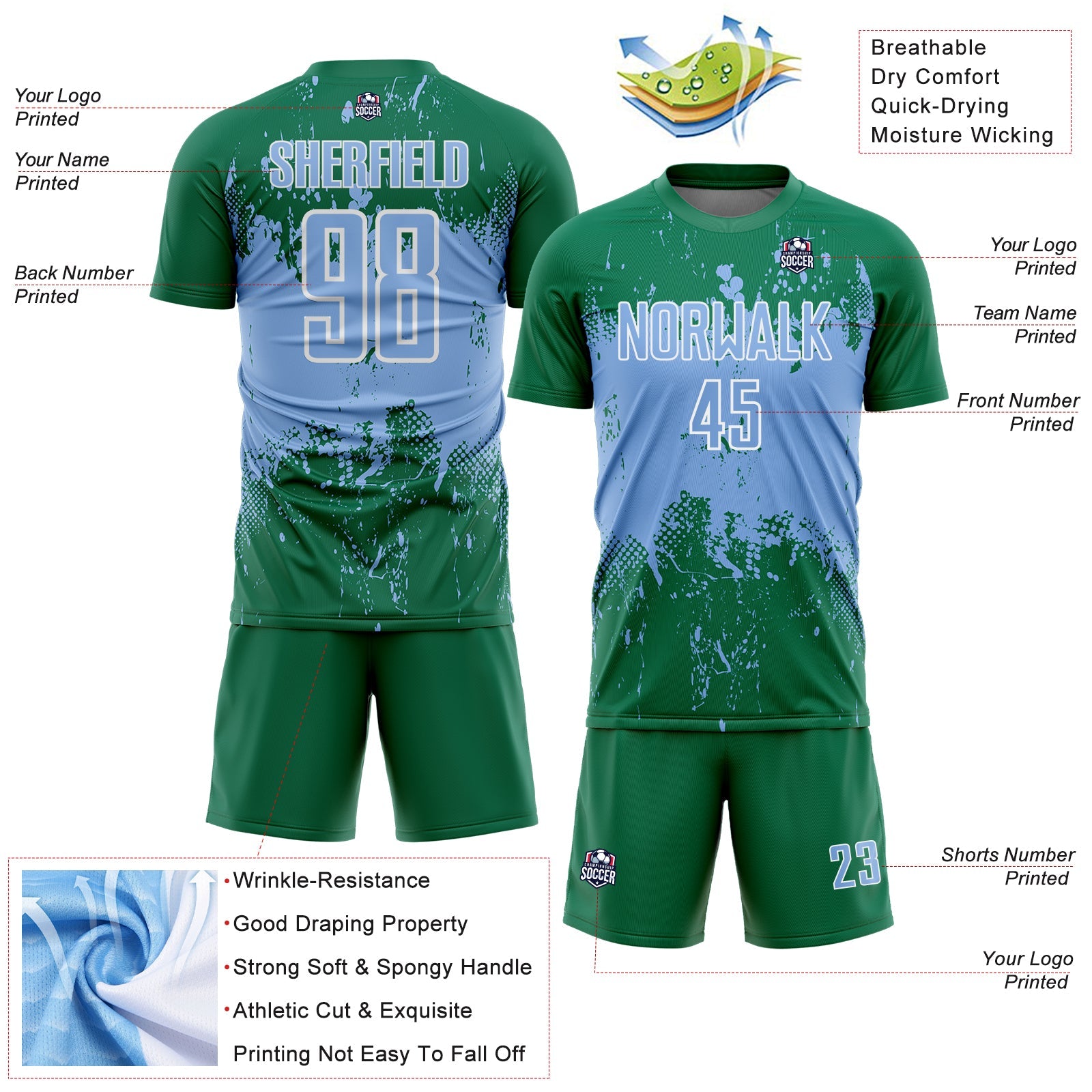 Custom Kelly Green Light Blue-White Abstract Splatter Grunge Art Sports Sublimation Soccer Uniform Jersey