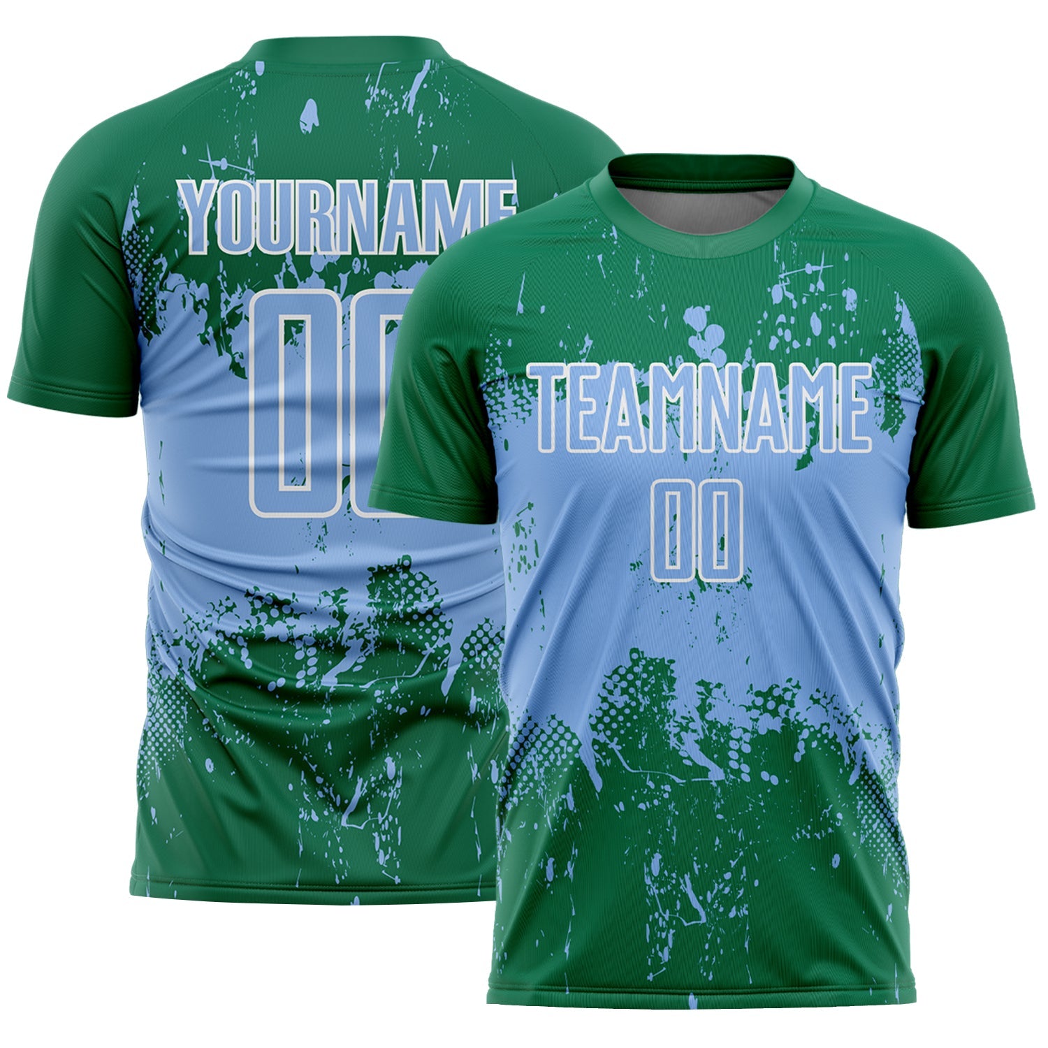 Custom Kelly Green Light Blue-White Abstract Splatter Grunge Art Sports Sublimation Soccer Uniform Jersey