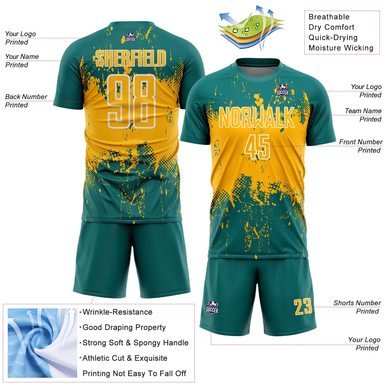Custom Teal Gold-White Abstract Splatter Grunge Art Sports Sublimation Soccer Uniform Jersey