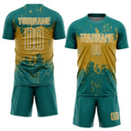 Custom Teal Old Gold-White Abstract Splatter Grunge Art Sports Sublimation Soccer Uniform Jersey