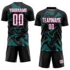 Custom Black White Aqua-Pink Curve Lines Sports Sublimation Soccer Uniform Jersey