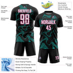 Custom Black White Aqua-Pink Curve Lines Sports Sublimation Soccer Uniform Jersey