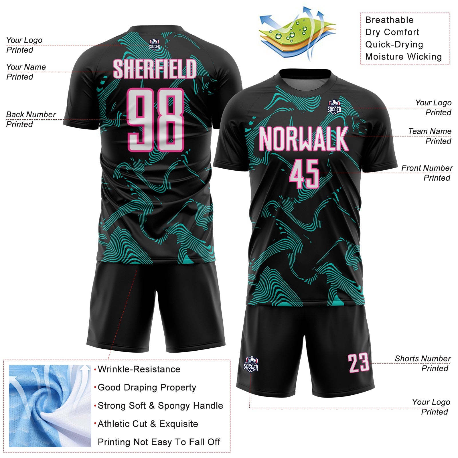 Custom Black White Aqua-Pink Curve Lines Sports Sublimation Soccer Uniform Jersey