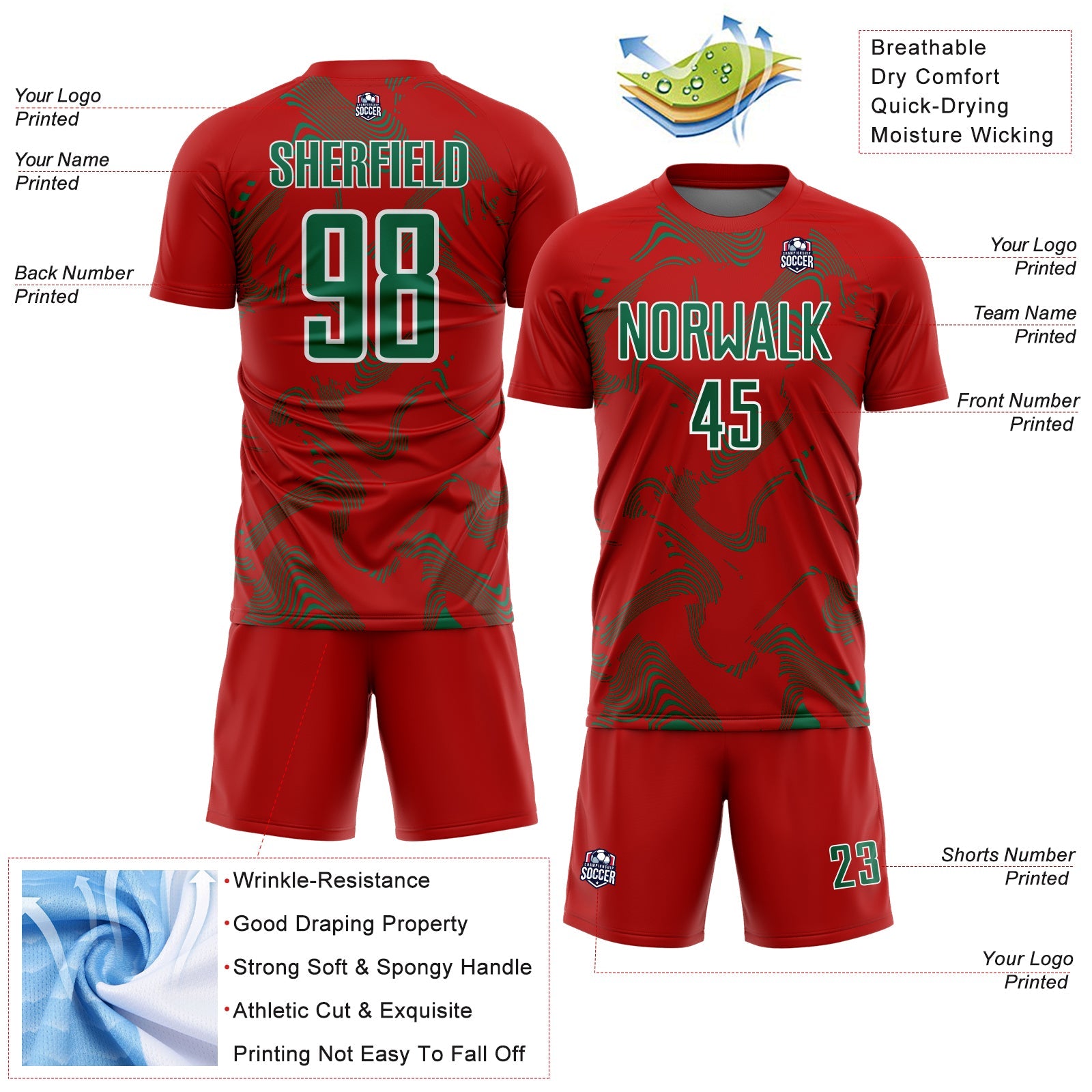 Custom Red Kelly Green-White Curve Lines Sports Sublimation Soccer Uniform Jersey