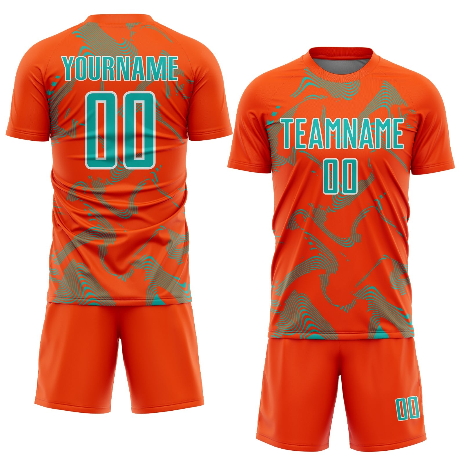 Custom Orange Aqua-White Curve Lines Sports Sublimation Soccer Uniform Jersey