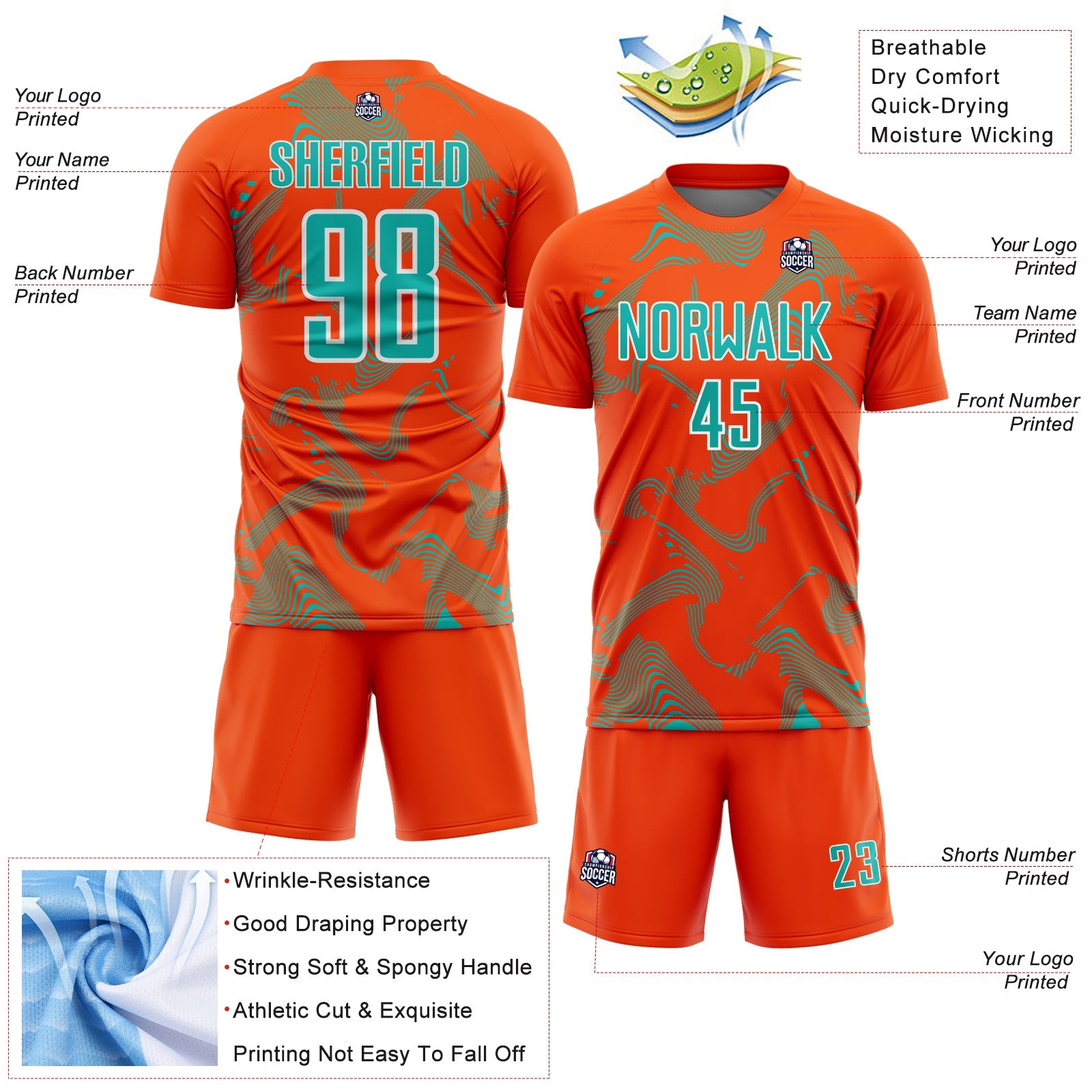Custom Orange Aqua-White Curve Lines Sports Sublimation Soccer Uniform Jersey
