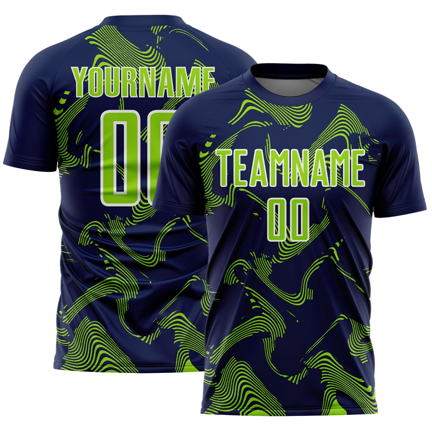 Custom Navy Neon Green-White Curve Lines Sports Sublimation Soccer Uniform Jersey