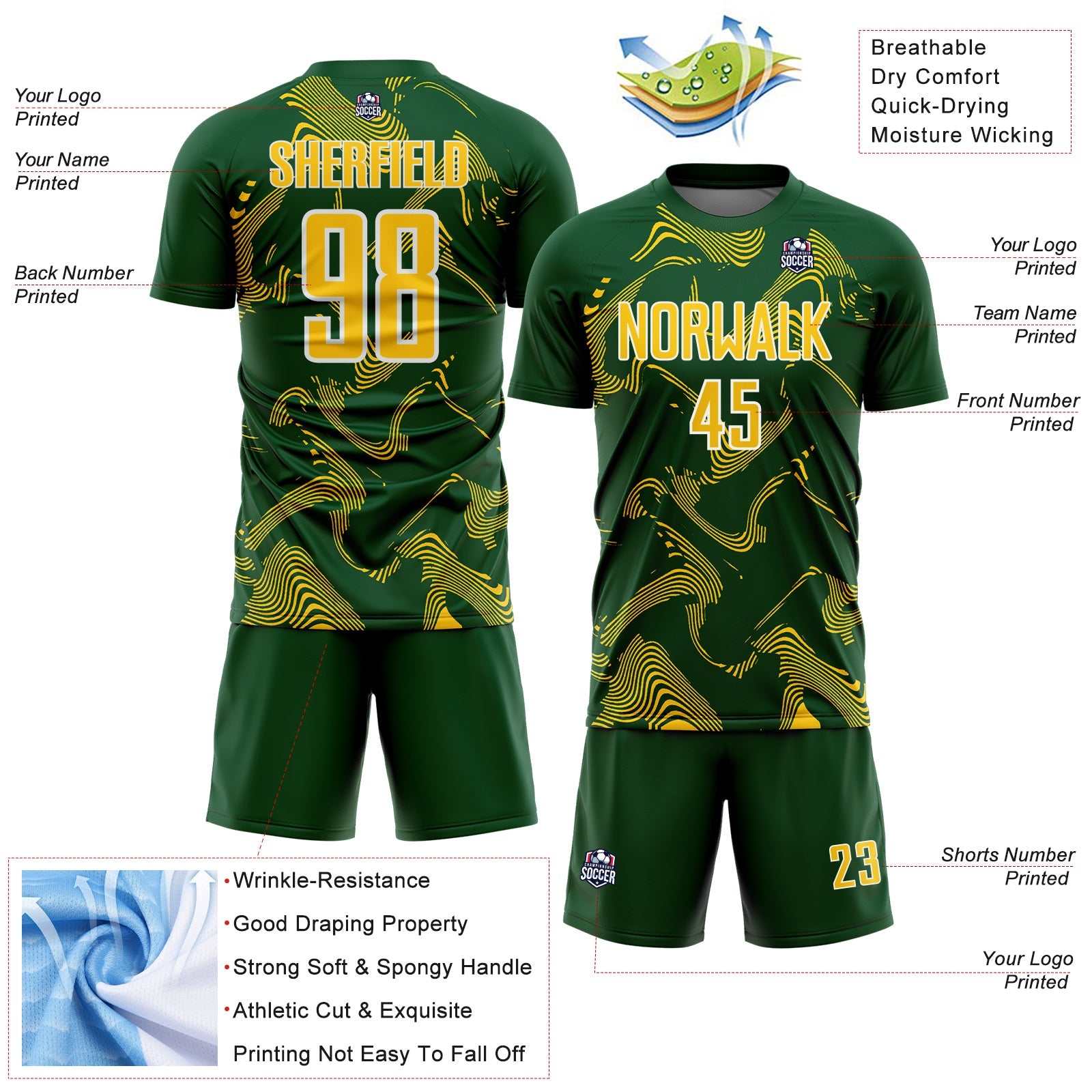 Custom Green Yellow-White Curve Lines Sports Sublimation Soccer Uniform Jersey