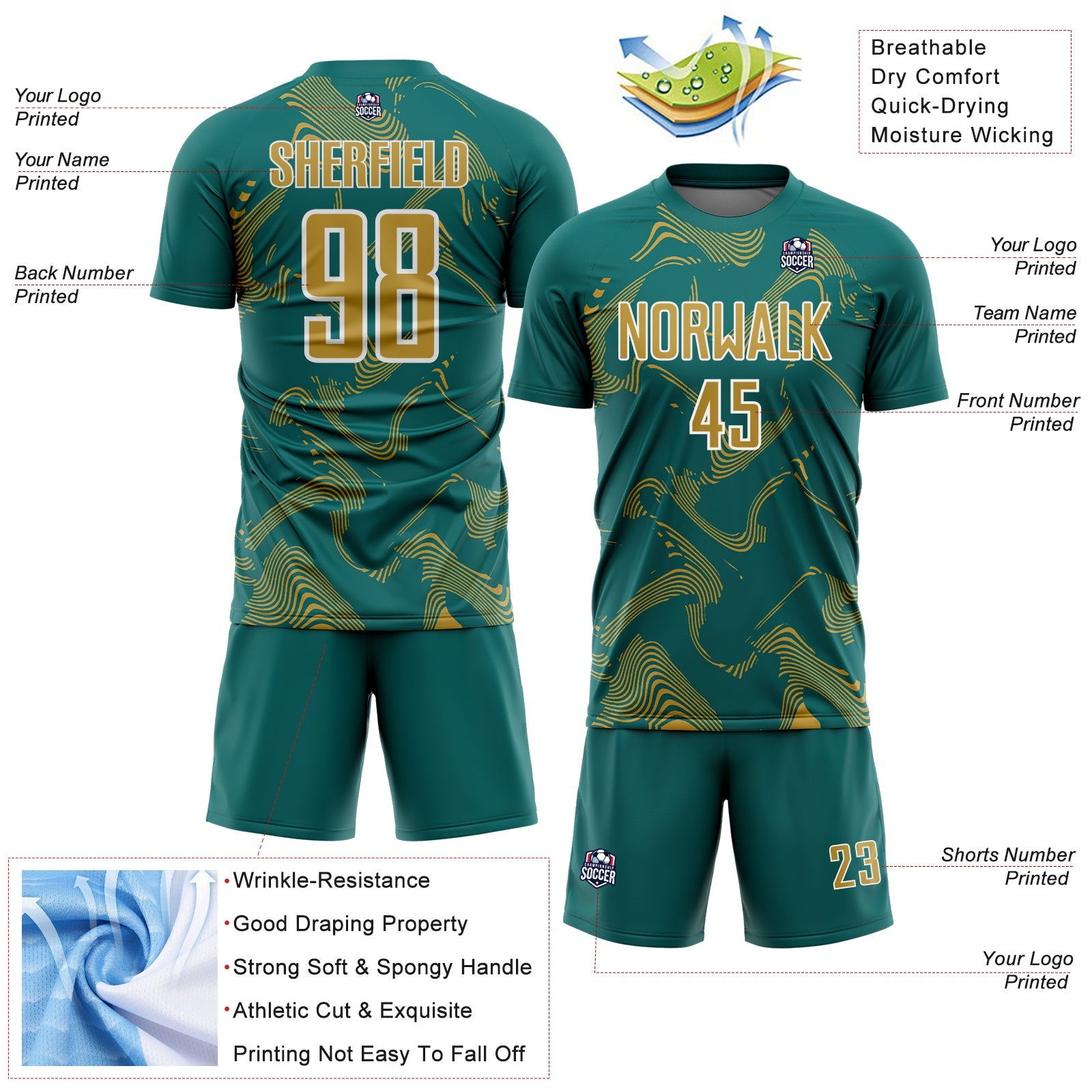 Custom Teal Old Gold-White Curve Lines Sports Sublimation Soccer Uniform Jersey