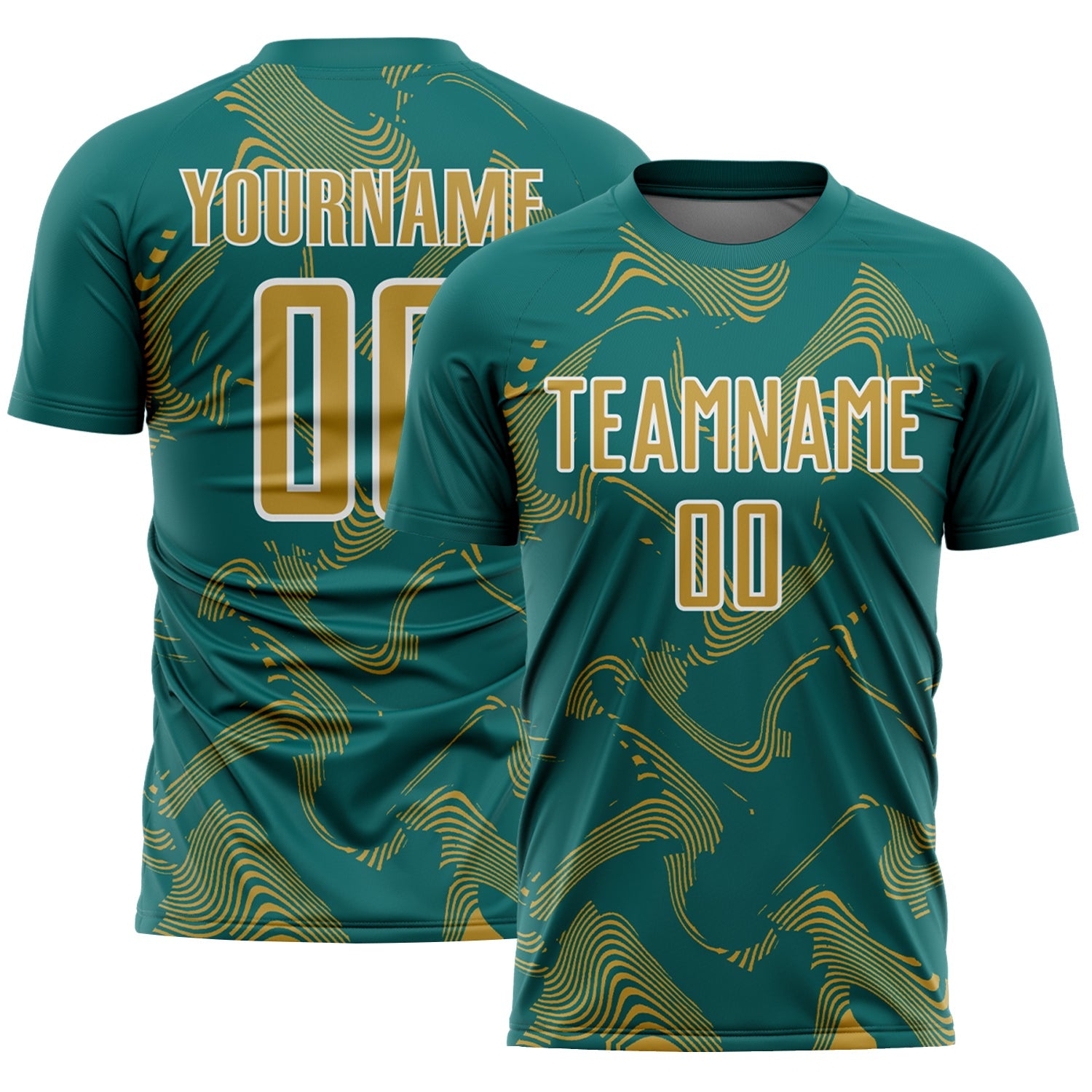 Custom Teal Old Gold-White Curve Lines Sports Sublimation Soccer Uniform Jersey