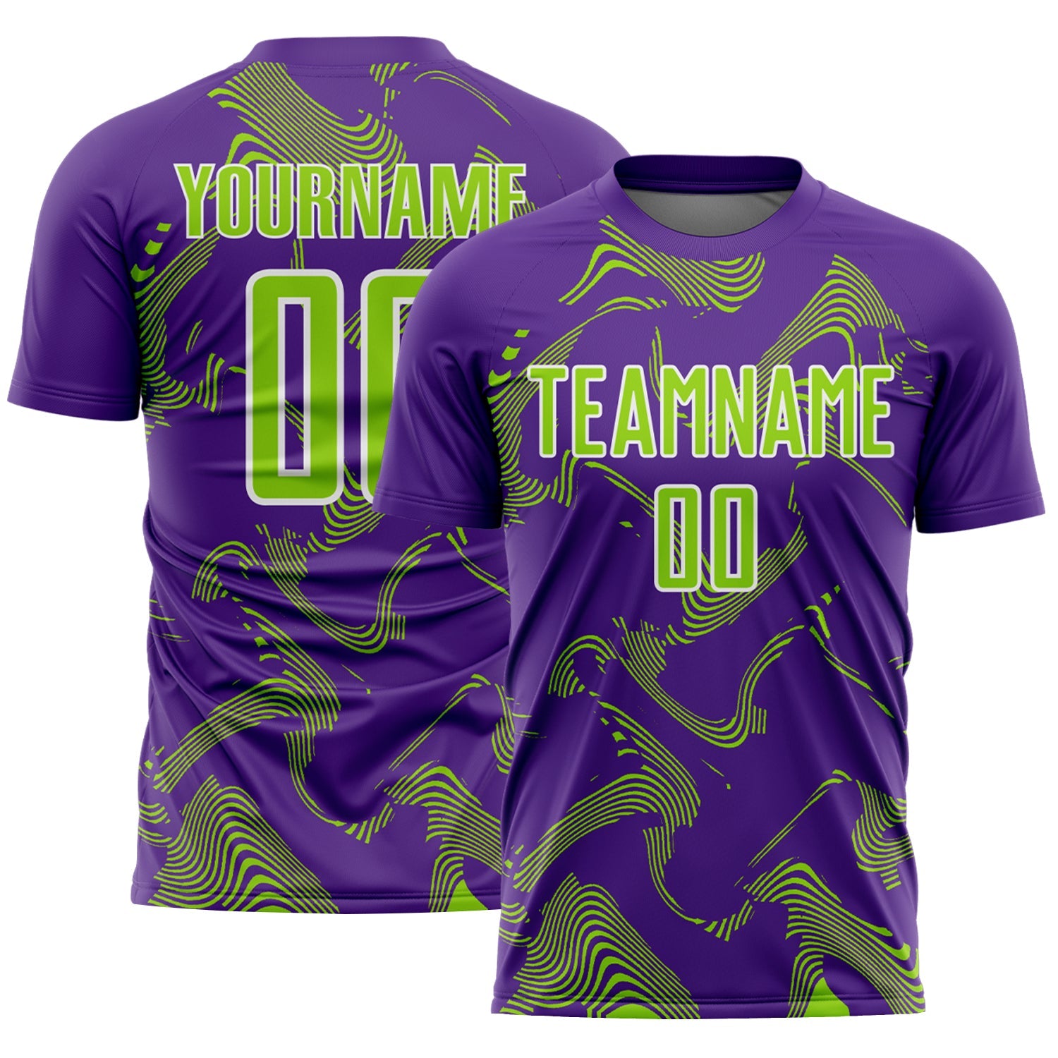 Custom Purple Neon Green-White Curve Lines Sports Sublimation Soccer Uniform Jersey