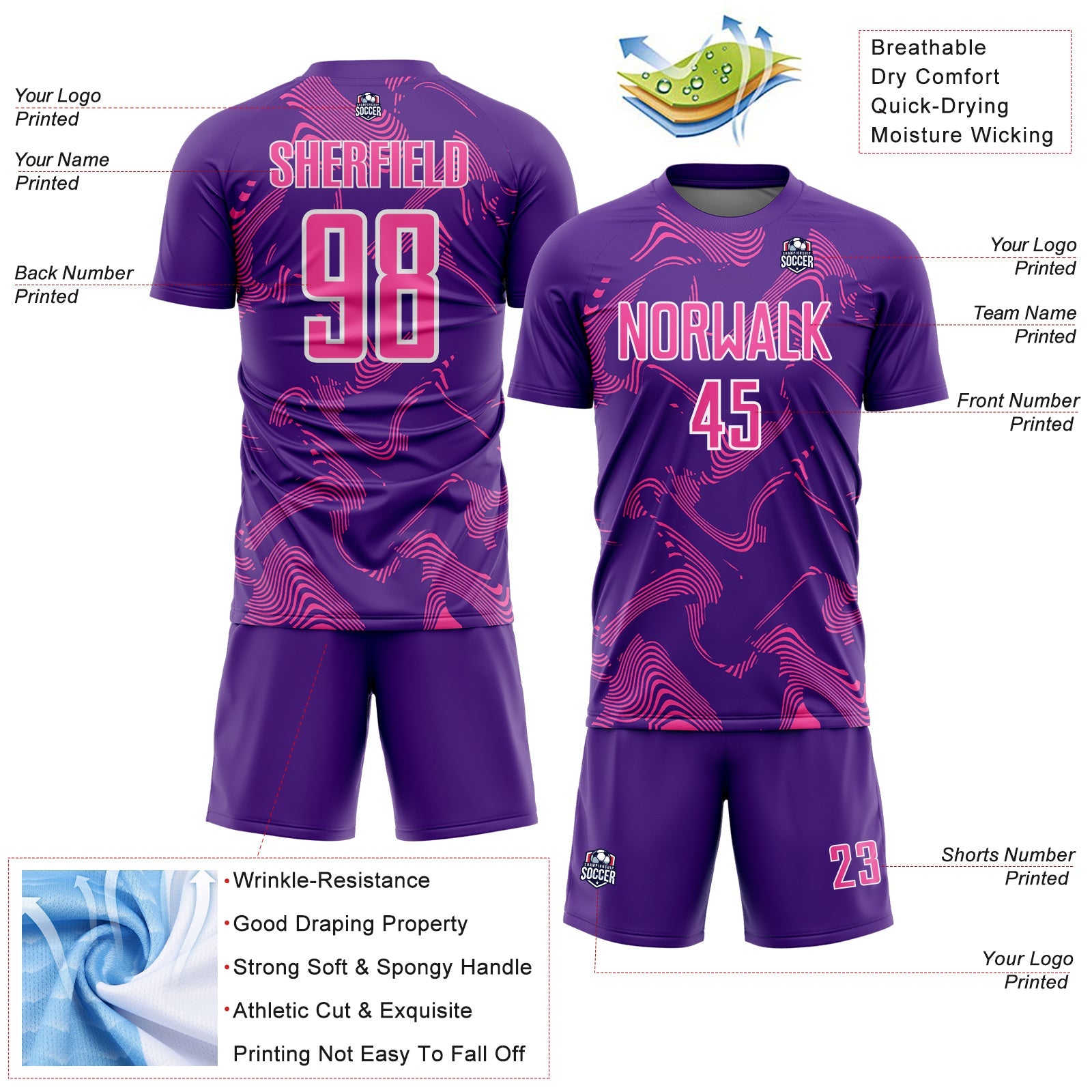 Custom Purple Pink-White Curve Lines Sports Sublimation Soccer Uniform Jersey