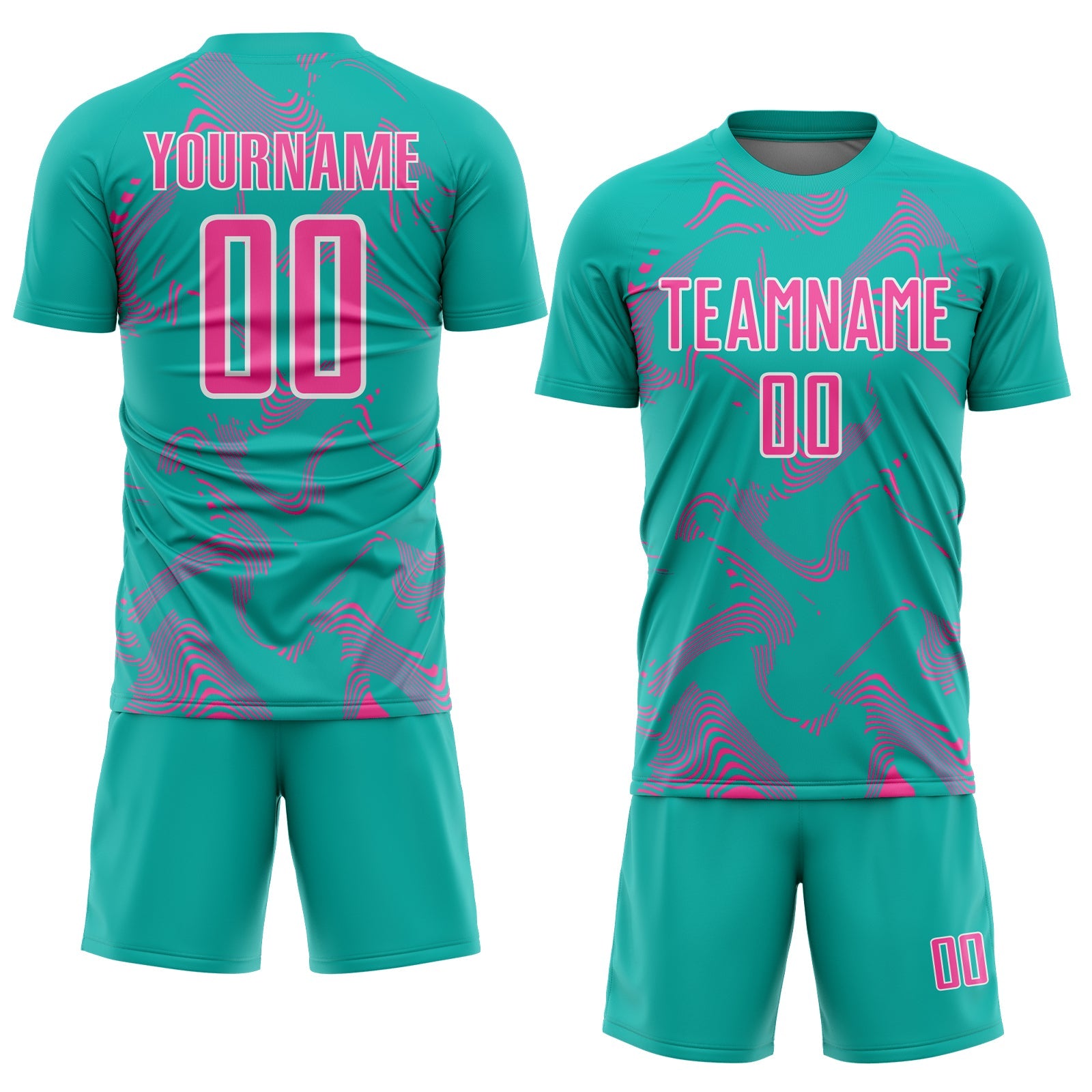 Custom Aqua Pink-White Curve Lines Sports Sublimation Soccer Uniform Jersey