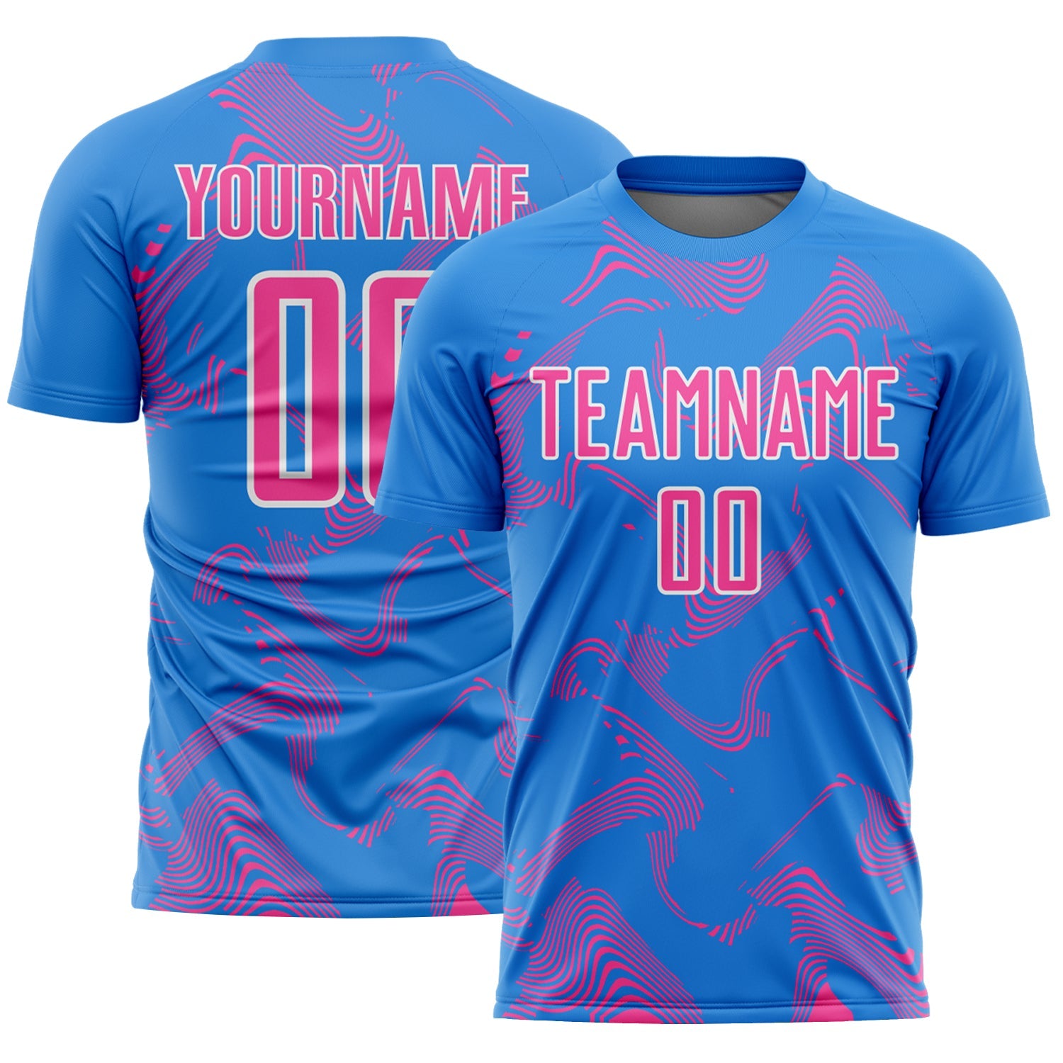 Custom Powder Blue Pink-White Curve Lines Sports Sublimation Soccer Uniform Jersey