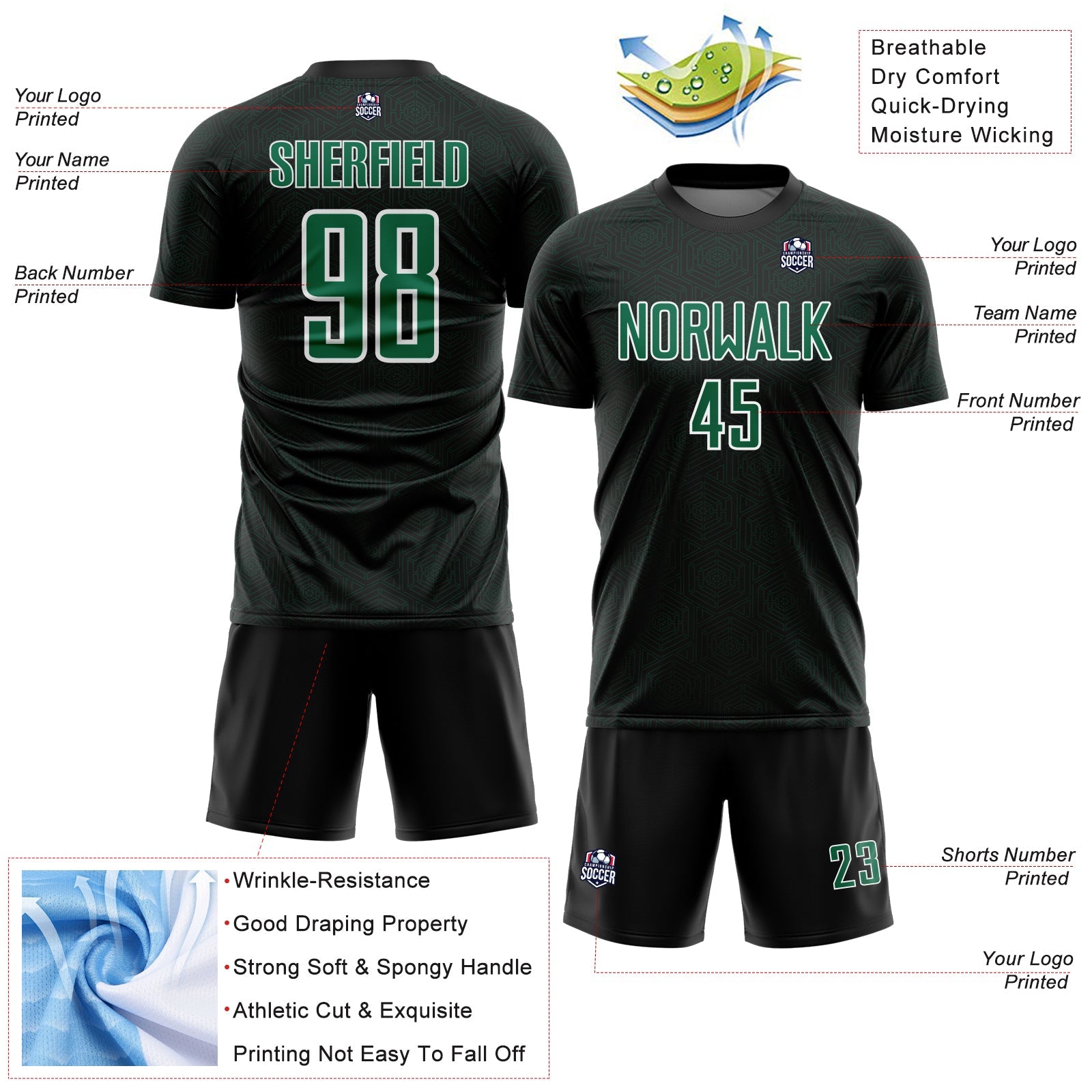 Custom Black Kelly Green-White Geometric Shape Sports Sublimation Soccer Uniform Jersey