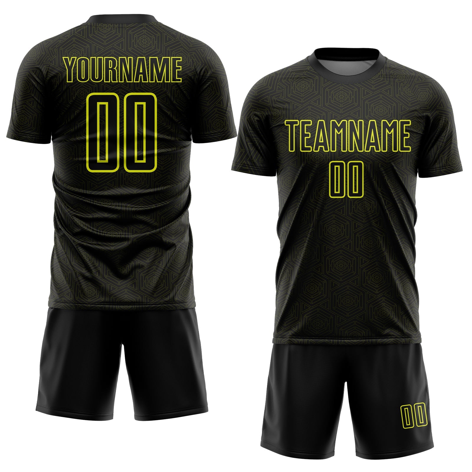 Custom Black Neon Yellow Geometric Shape Sports Sublimation Soccer Uniform Jersey