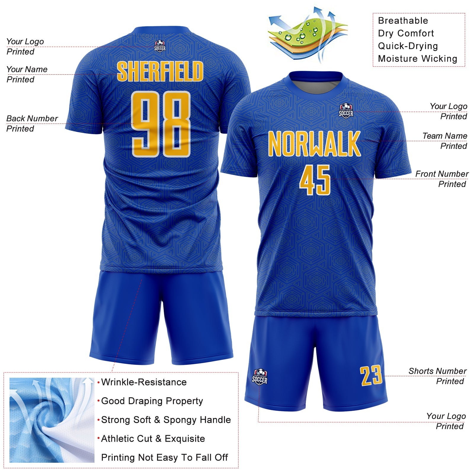 Custom Thunder Blue Yellow-White Geometric Shape Sports Sublimation Soccer Uniform Jersey