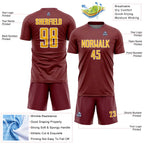 Custom Burgundy Gold-White Geometric Shape Sports Sublimation Soccer Uniform Jersey