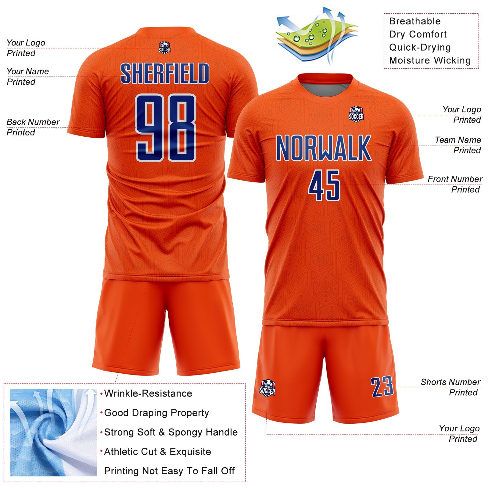 Custom Orange Royal-White Geometric Shape Sports Sublimation Soccer Uniform Jersey
