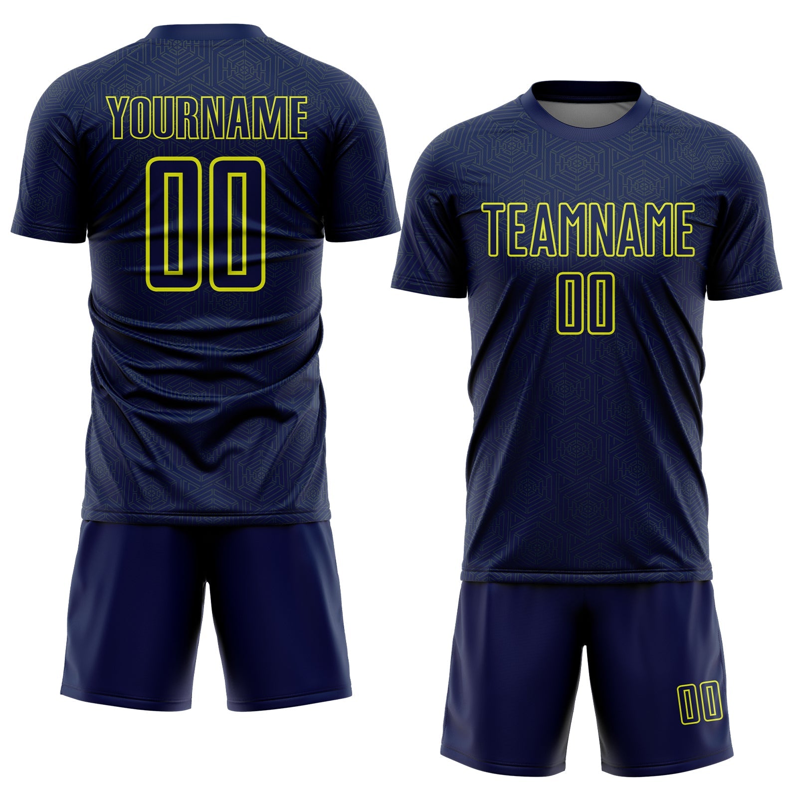 Custom Navy Neon Yellow Geometric Shape Sports Sublimation Soccer Uniform Jersey