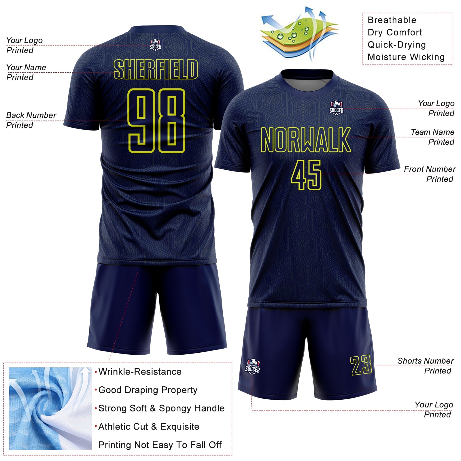 Custom Navy Neon Yellow Geometric Shape Sports Sublimation Soccer Uniform Jersey