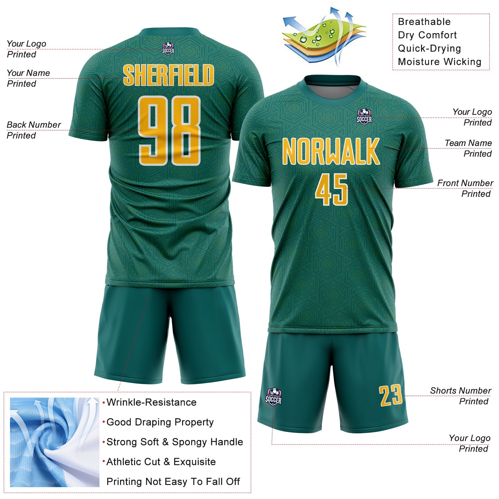 Custom Teal Gold-White Geometric Shape Sports Sublimation Soccer Uniform Jersey