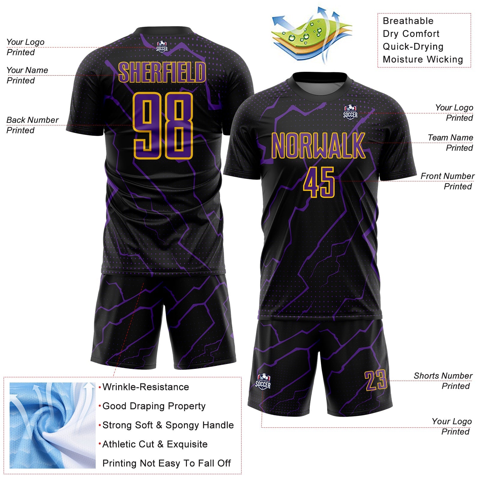 Custom Black Purple-Yellow Lightning Sports Sublimation Soccer Uniform Jersey