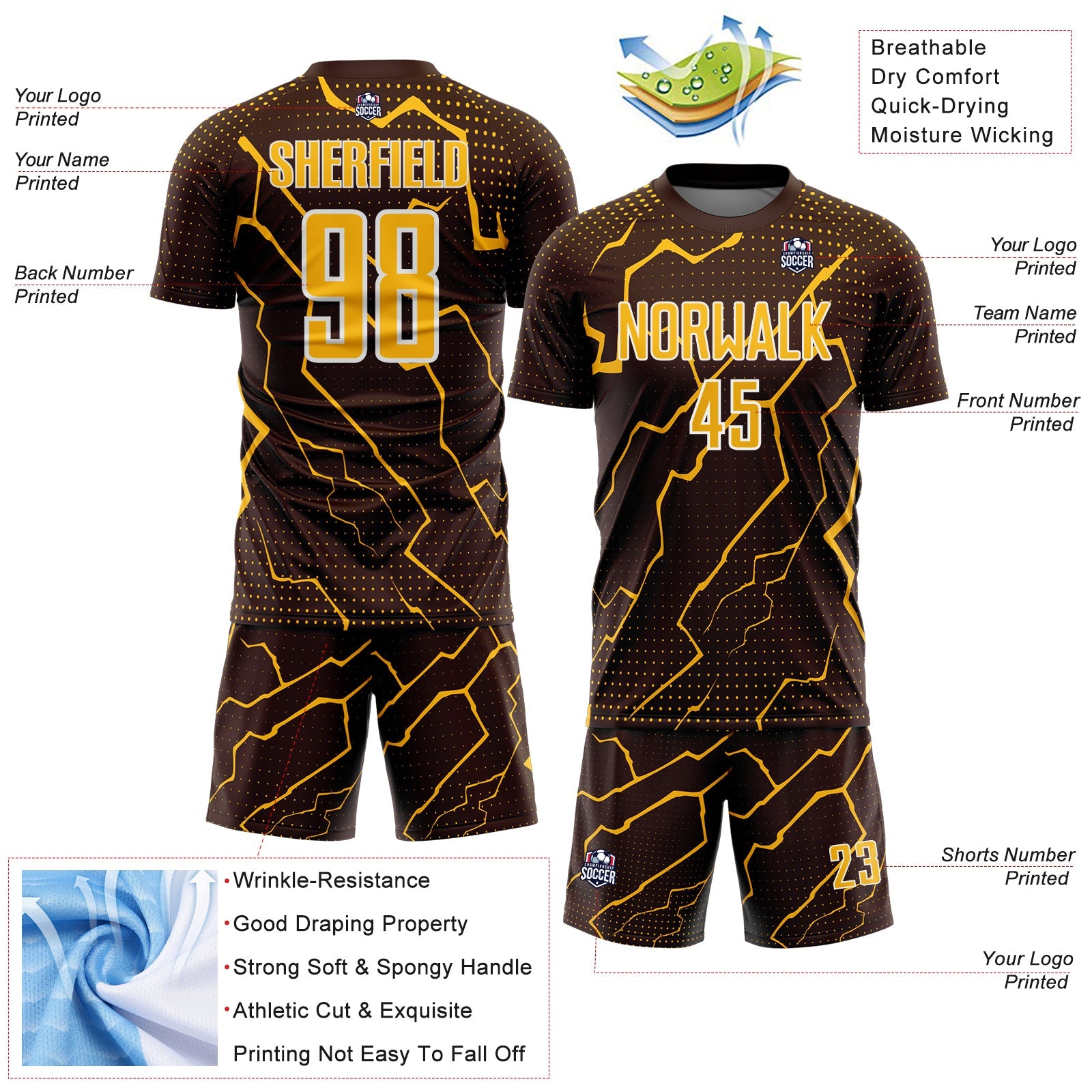 Custom Brown Gold-White Lightning Sports Sublimation Soccer Uniform Jersey