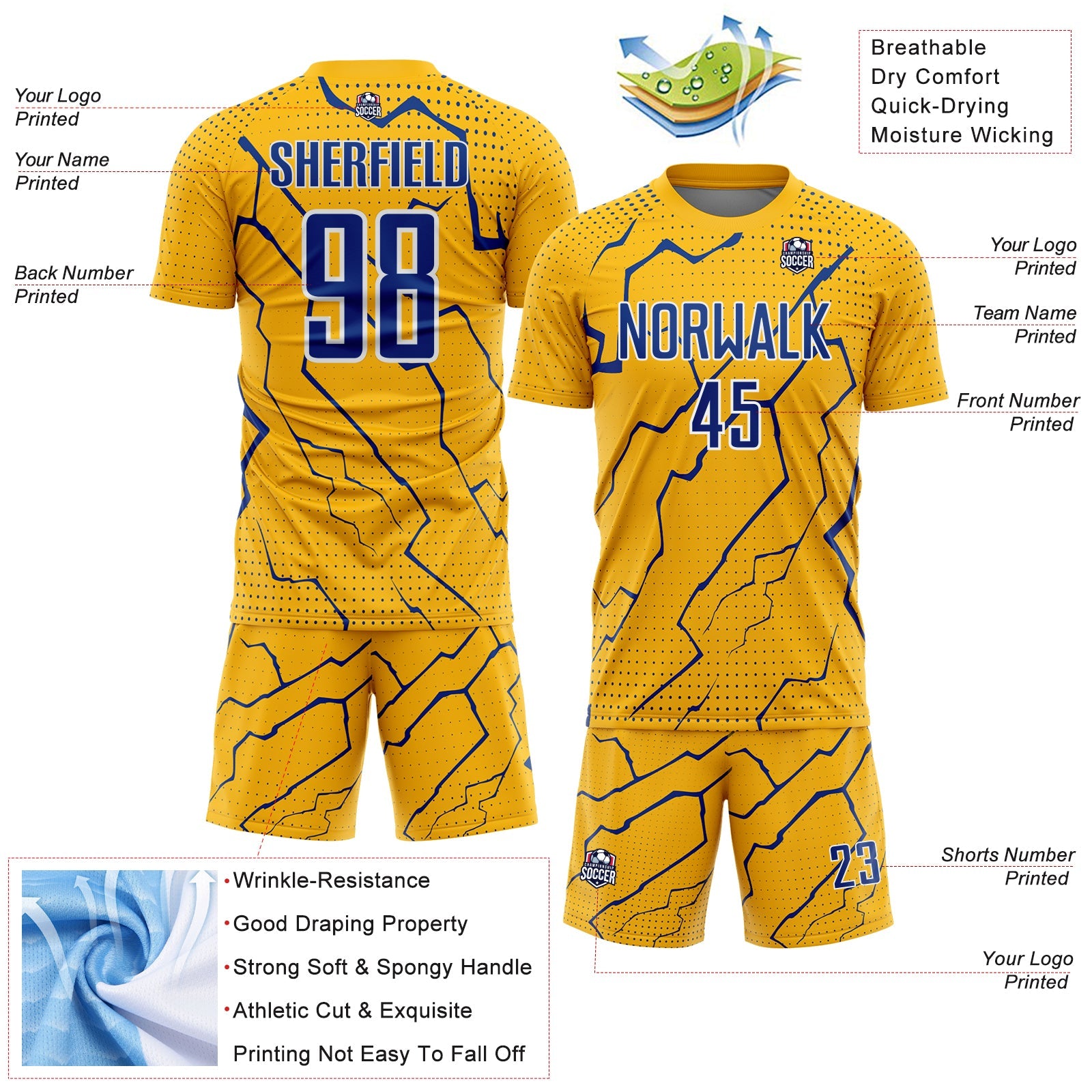 Custom Gold Royal-White Lightning Sports Sublimation Soccer Uniform Jersey