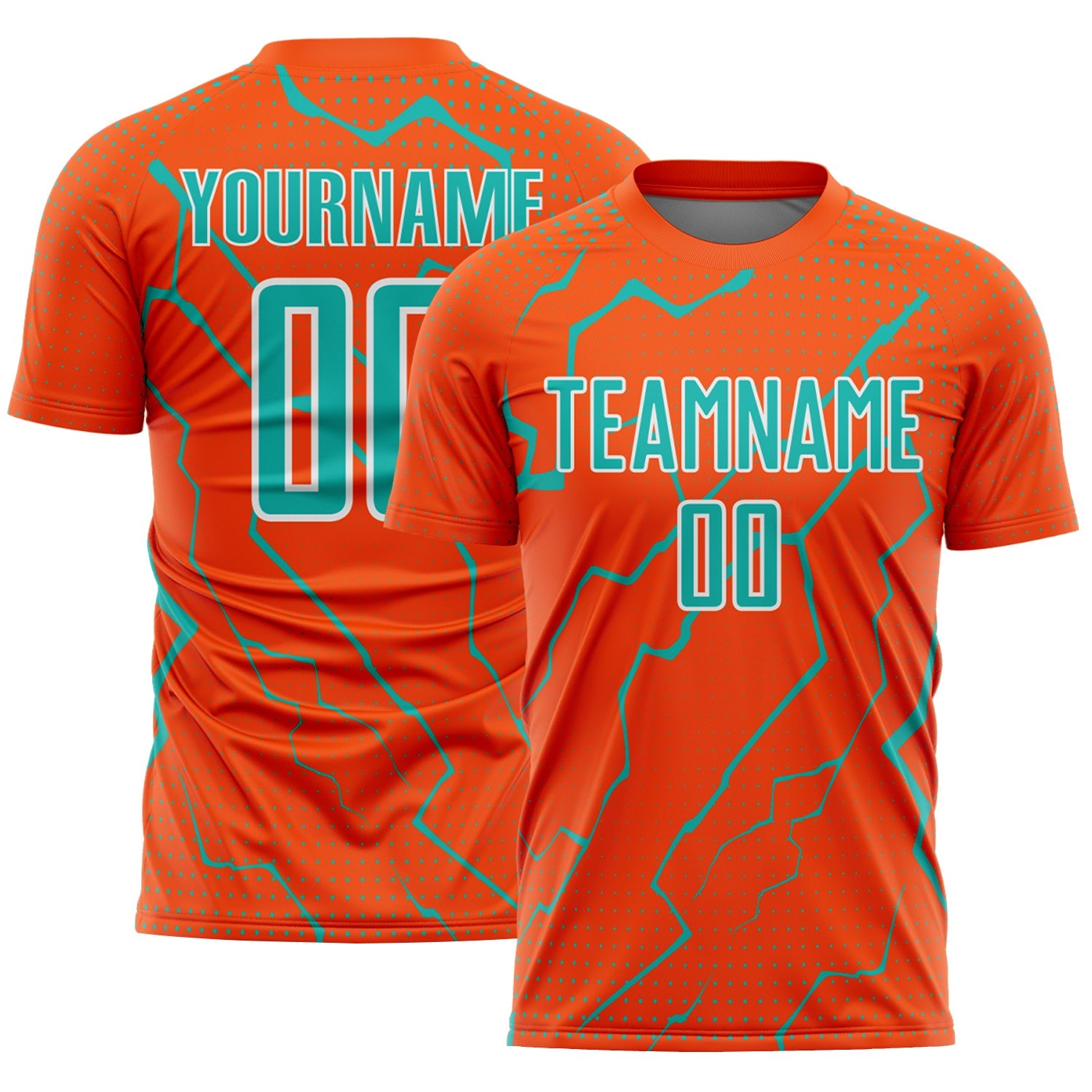 Custom Orange Aqua-White Lightning Sports Sublimation Soccer Uniform Jersey