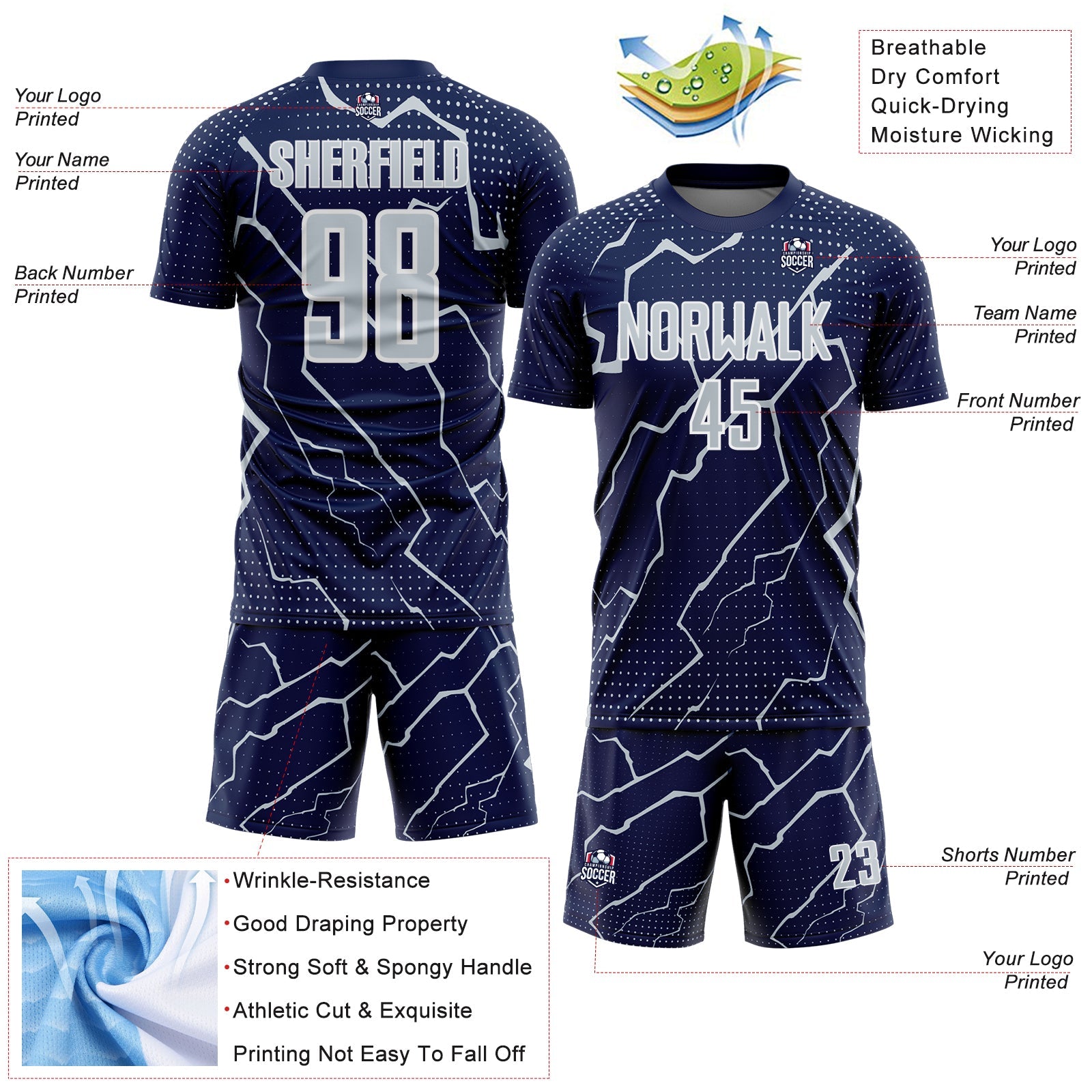 Custom Navy Silver-White Lightning Sports Sublimation Soccer Uniform Jersey