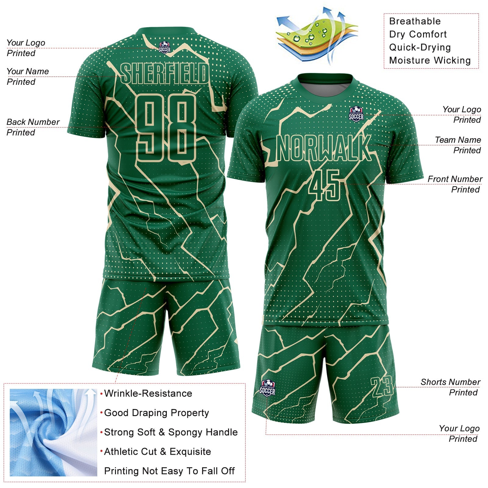 Custom Kelly Green Cream Lightning Sports Sublimation Soccer Uniform Jersey
