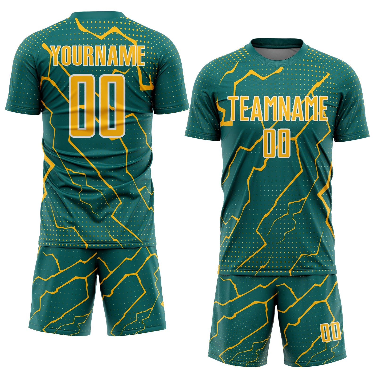 Custom Teal Gold-White Lightning Sports Sublimation Soccer Uniform Jersey