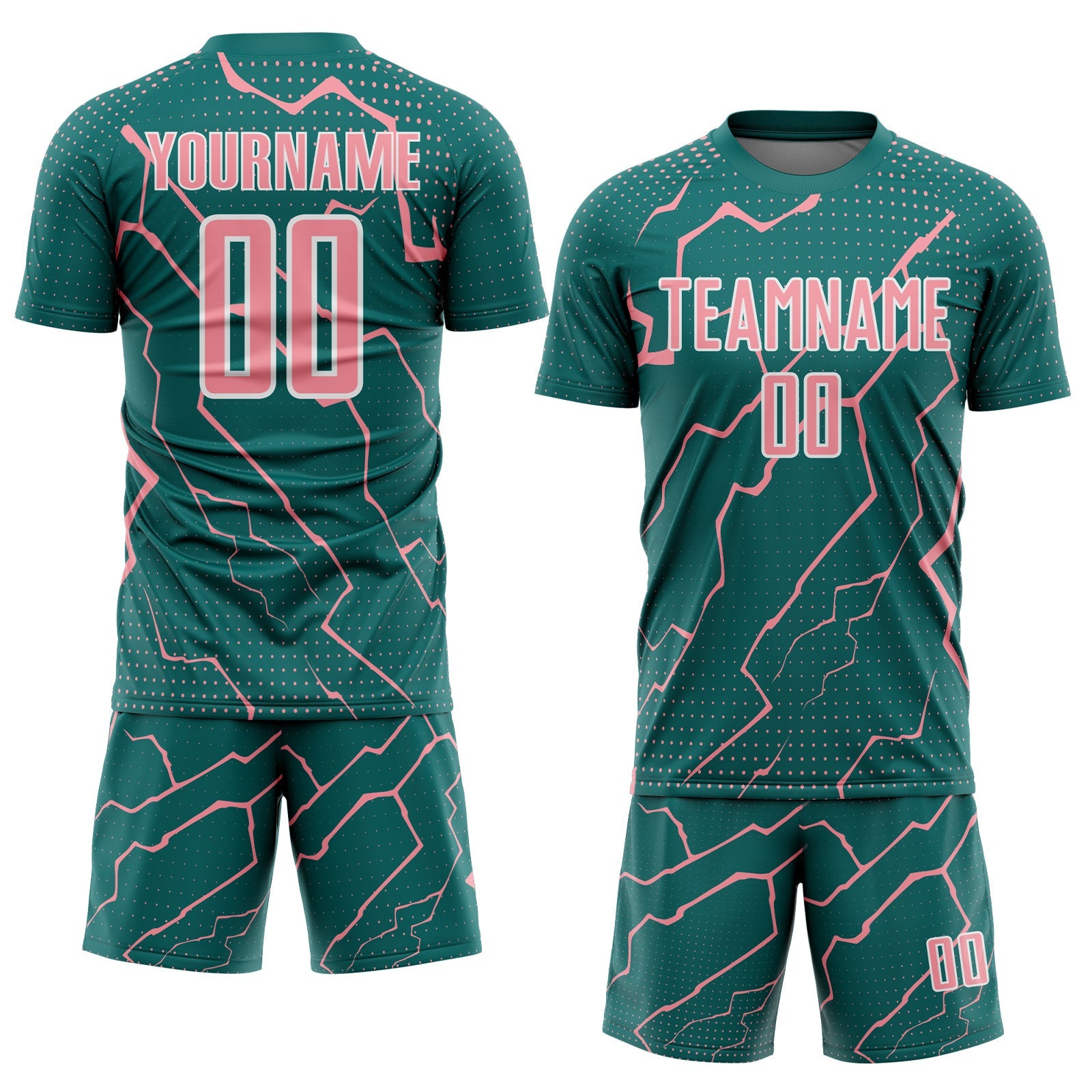 Custom Teal Medium Pink-White Lightning Sports Sublimation Soccer Uniform Jersey