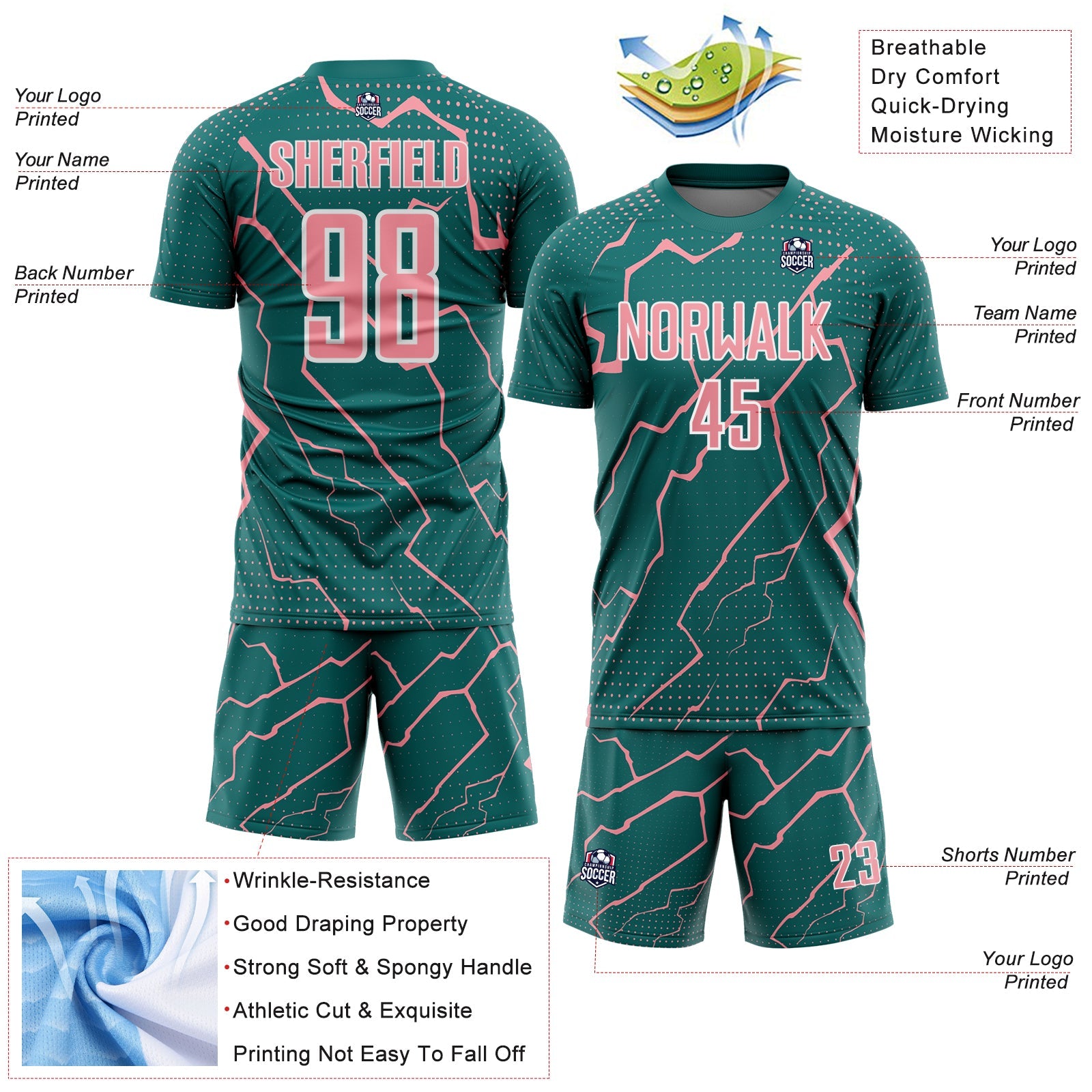 Custom Teal Medium Pink-White Lightning Sports Sublimation Soccer Uniform Jersey