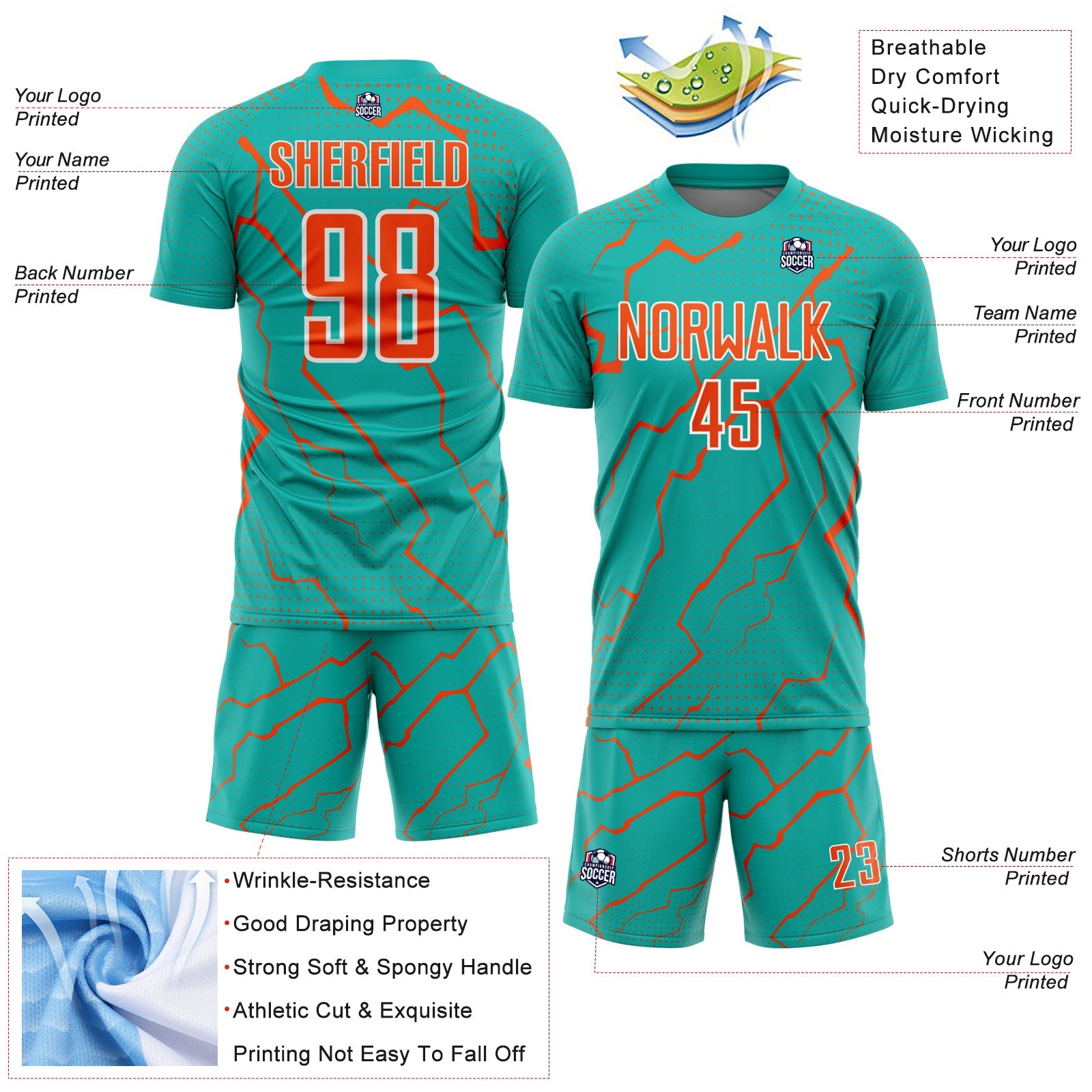 Custom Aqua Orange-White Lightning Sports Sublimation Soccer Uniform Jersey