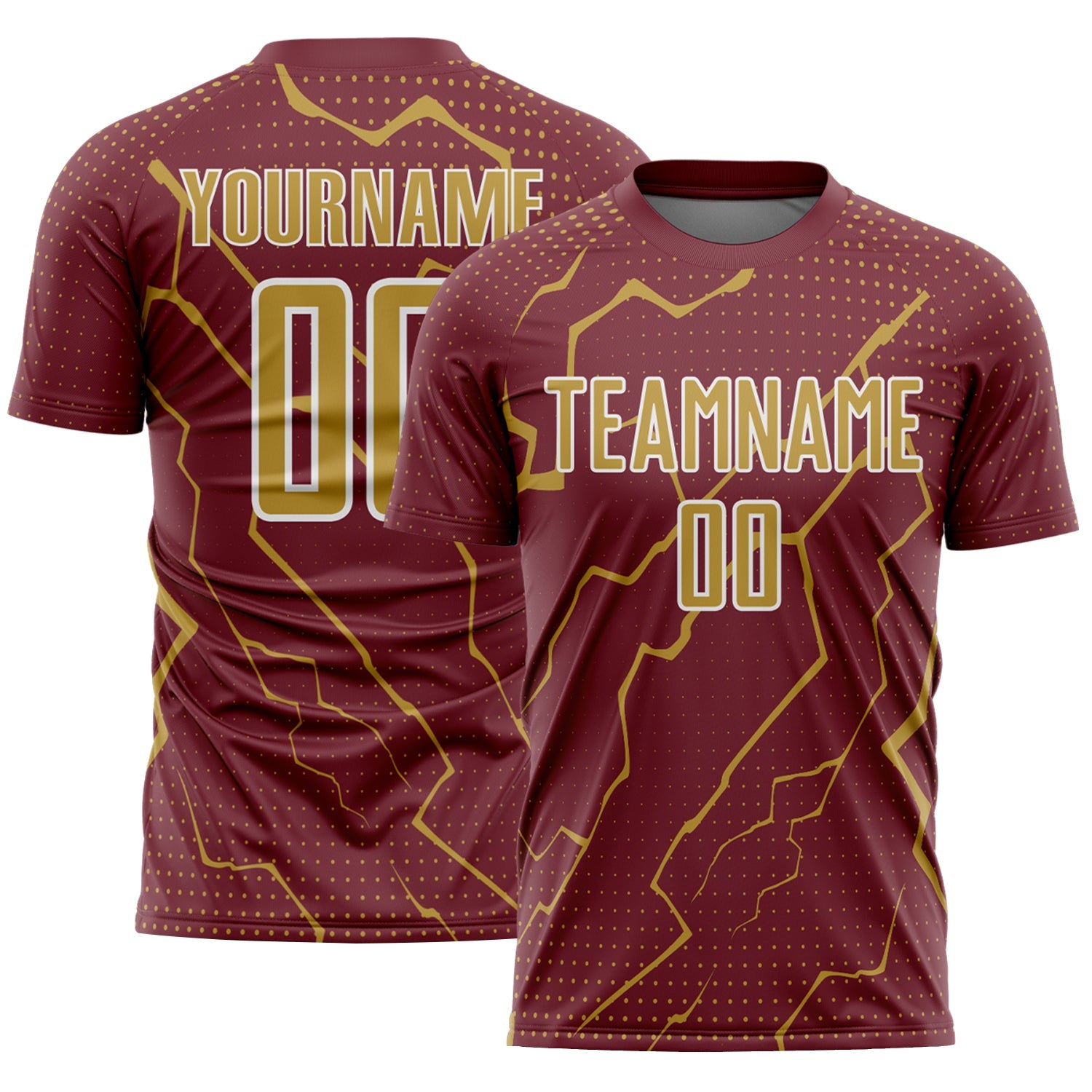 Custom Burgundy Old Gold-White Lightning Sports Sublimation Soccer Uniform Jersey