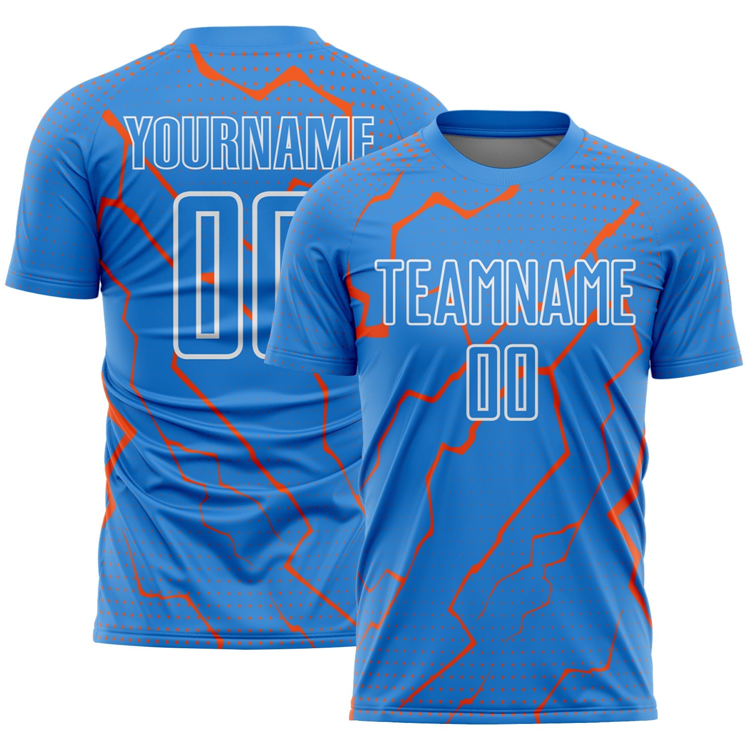Custom Powder Blue Orange-White Lightning Sports Sublimation Soccer Uniform Jersey