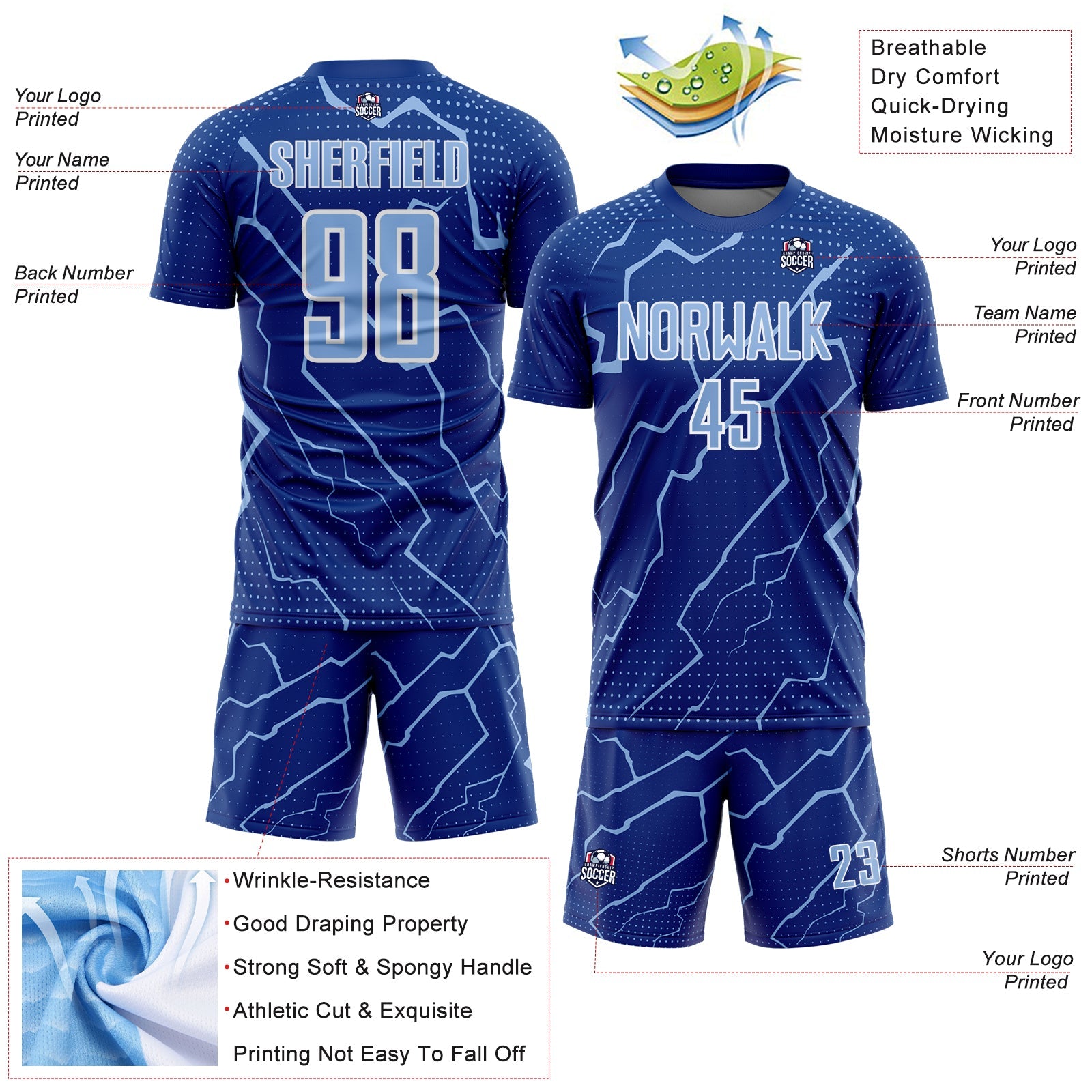 Custom Royal Light Blue-White Lightning Sports Sublimation Soccer Uniform Jersey