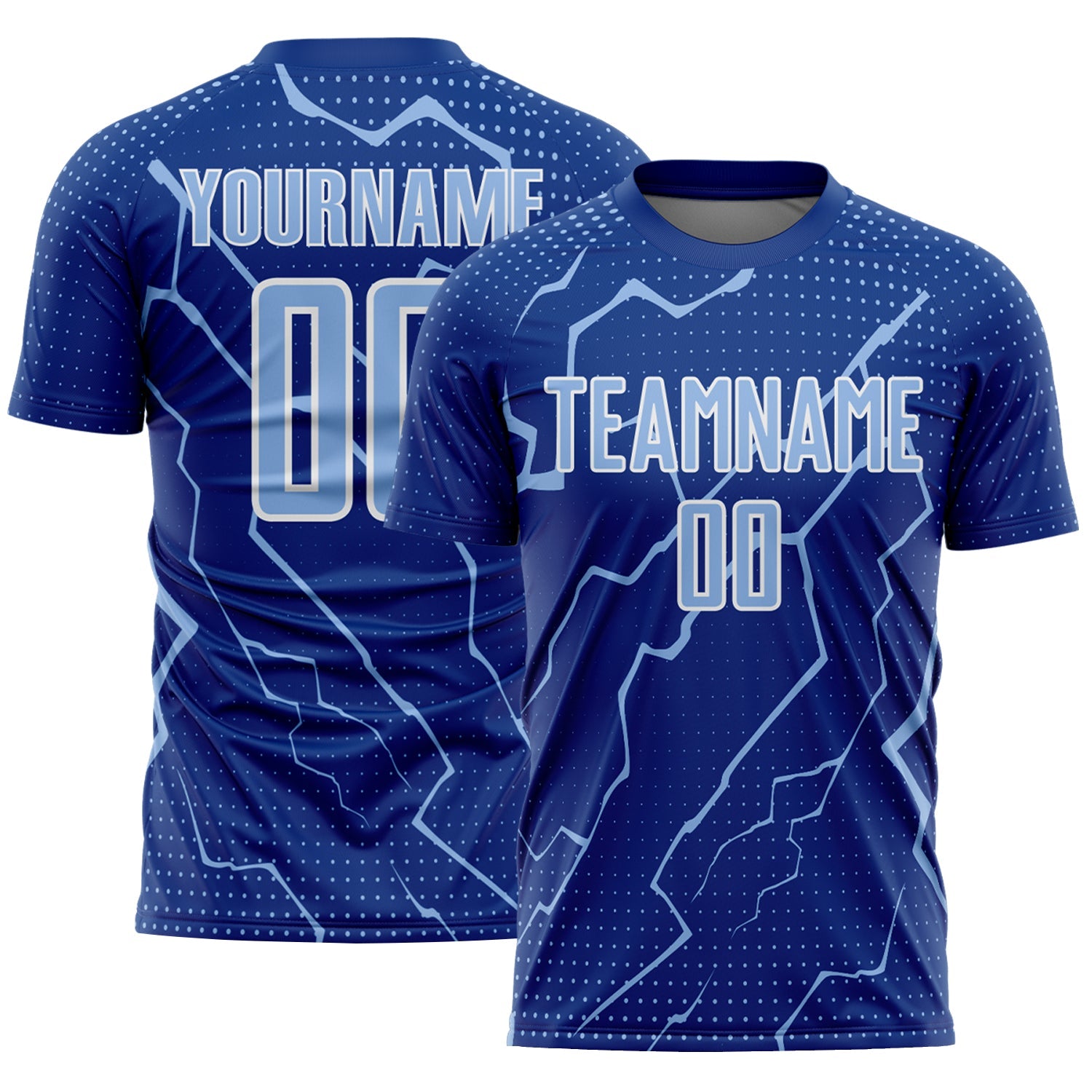 Custom Royal Light Blue-White Lightning Sports Sublimation Soccer Uniform Jersey