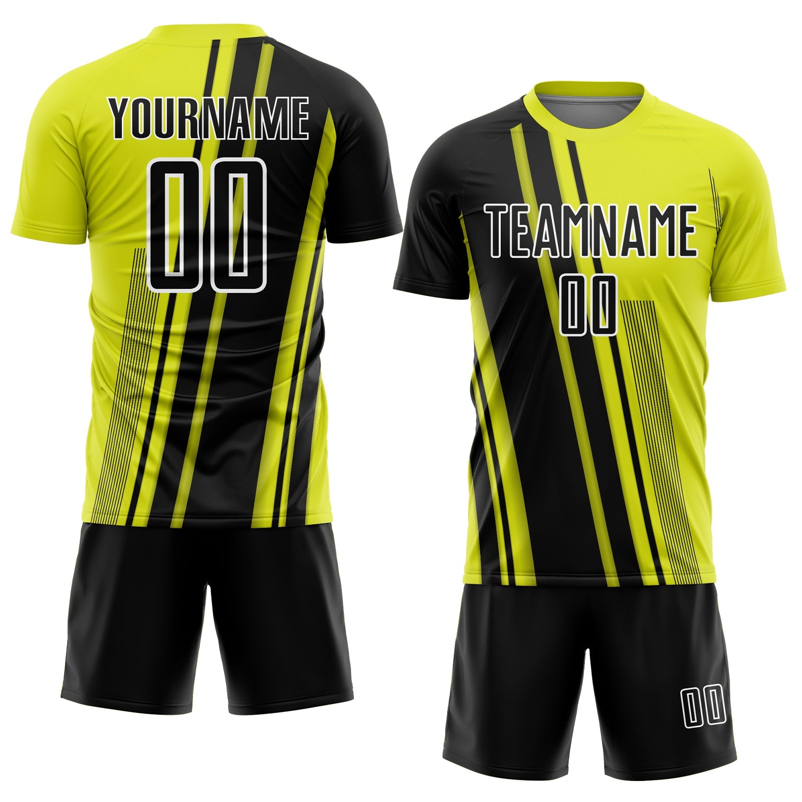 Custom Neon Yellow Black-White Lines Sports Sublimation Soccer Uniform Jersey