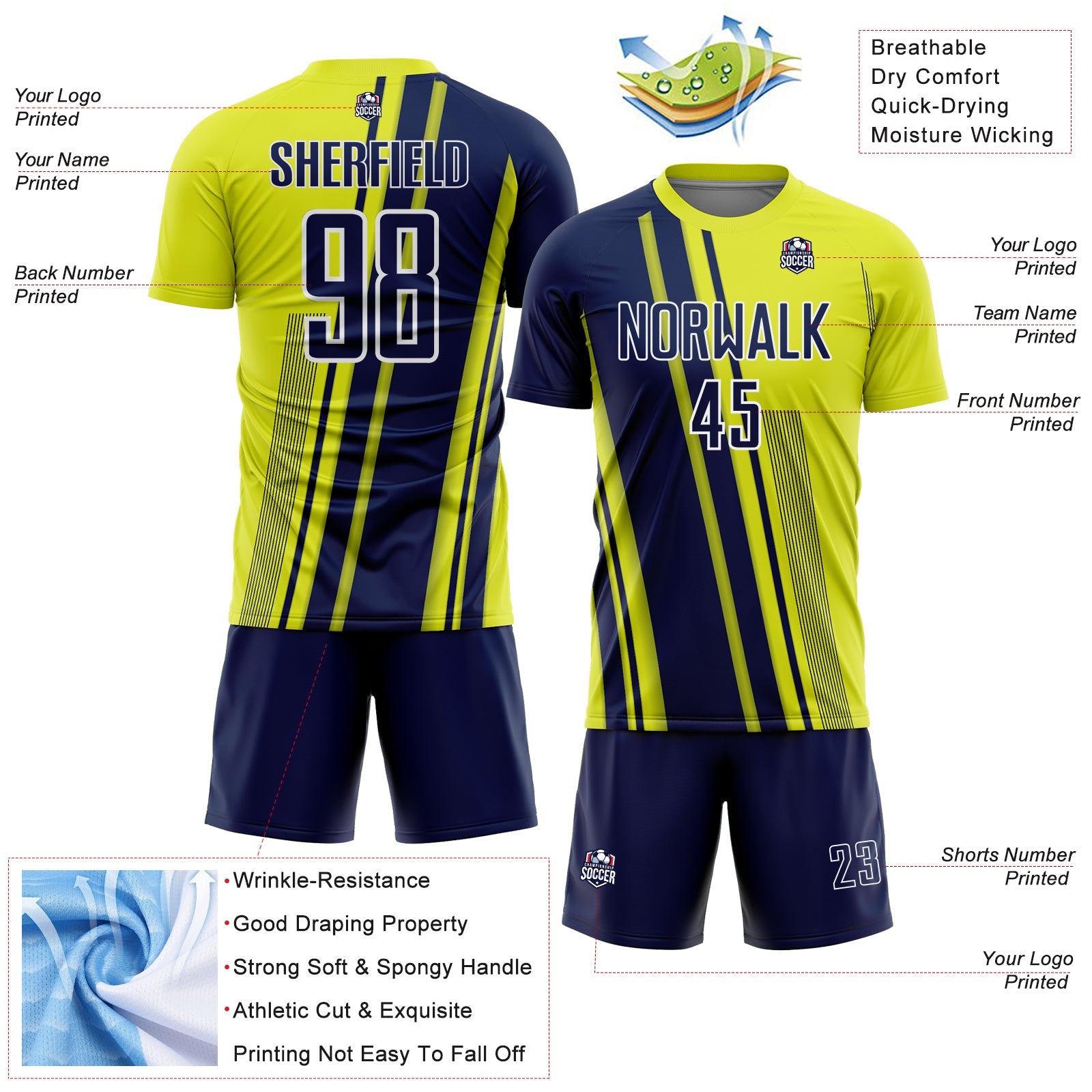 Custom Neon Yellow Navy-White Lines Sports Sublimation Soccer Uniform Jersey