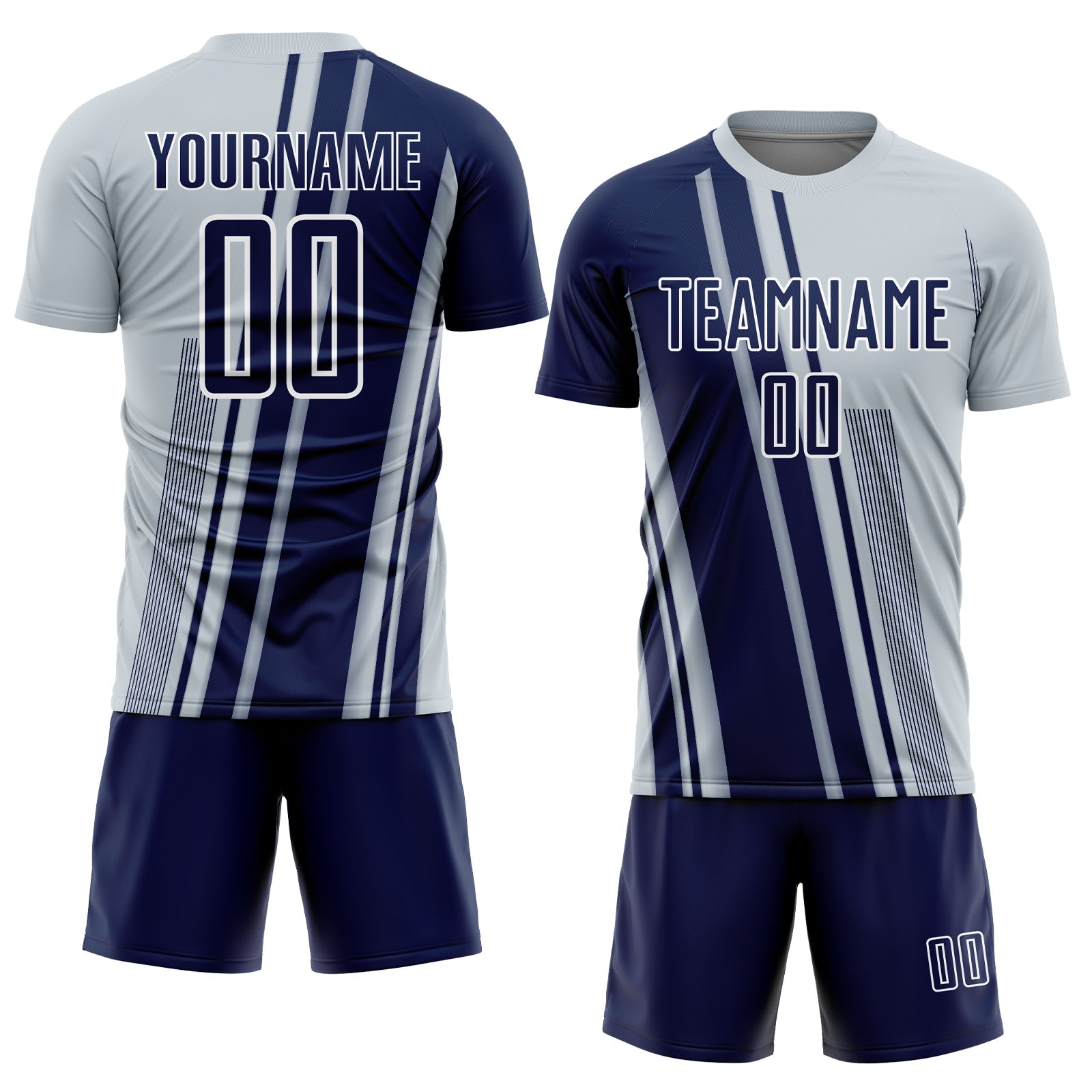 Custom Silver Navy-White Lines Sports Sublimation Soccer Uniform Jersey