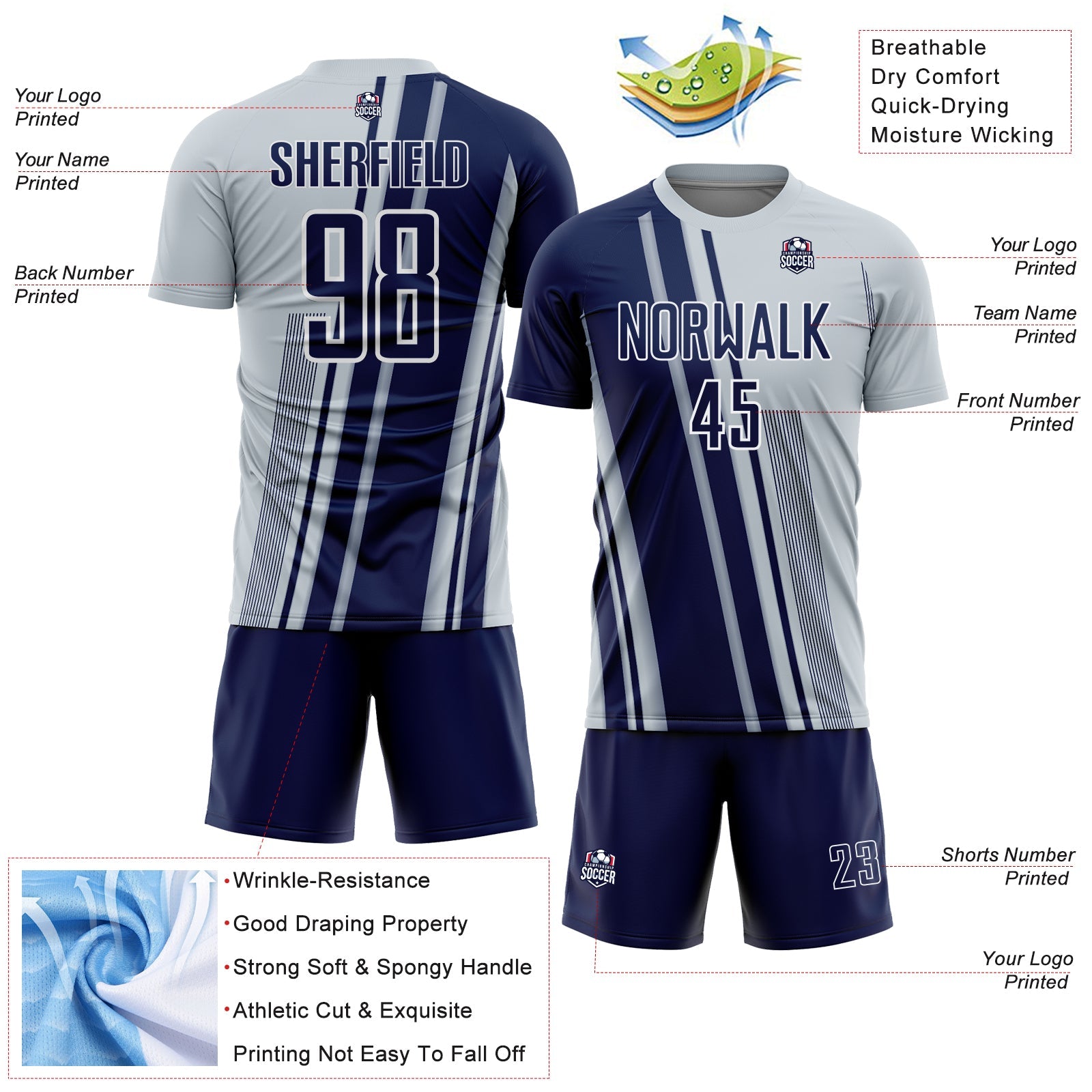 Custom Silver Navy-White Lines Sports Sublimation Soccer Uniform Jersey