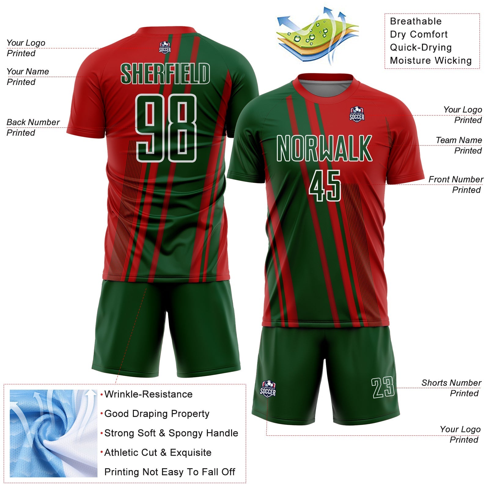 Custom Red Green-White Lines Sports Sublimation Soccer Uniform Jersey