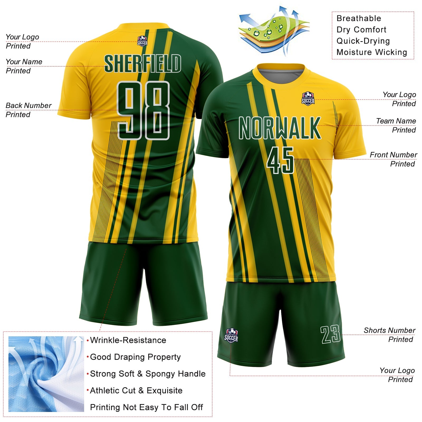 Custom Yellow Green-White Lines Sports Sublimation Soccer Uniform Jersey