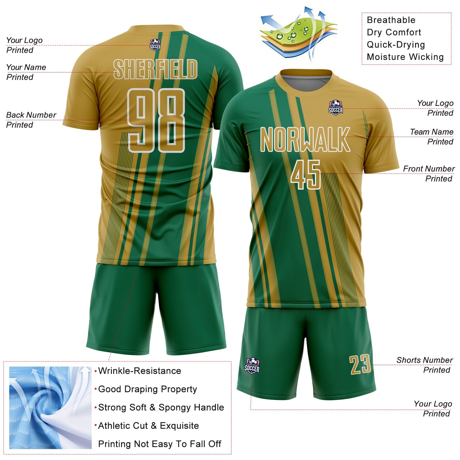 Custom Old Gold Kelly Green-White Lines Sports Sublimation Soccer Uniform Jersey