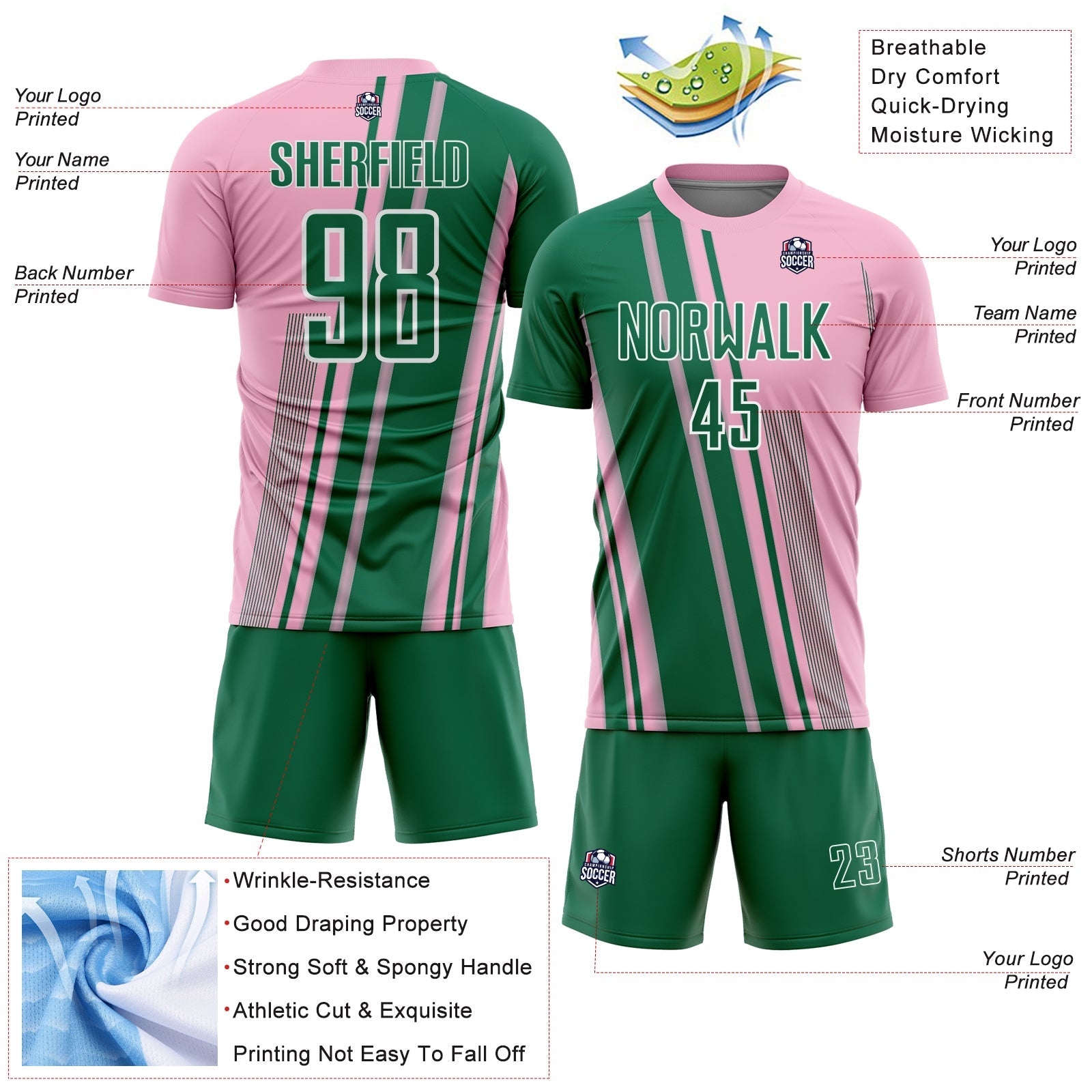 Custom Light Pink Kelly Green-White Lines Sports Sublimation Soccer Uniform Jersey